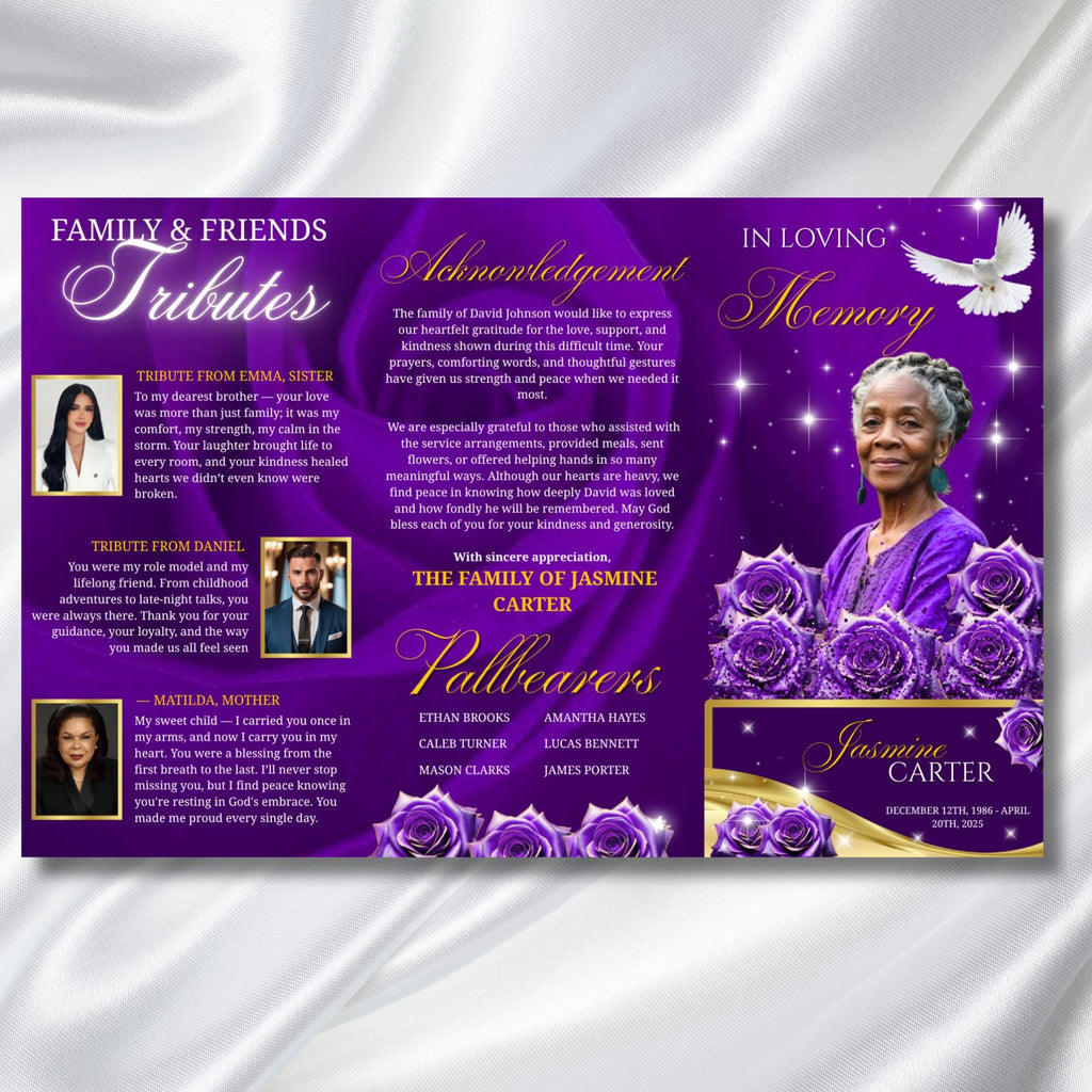 Purple Rose Glitter Funeral Program Template, Tri-Fold(17x11) Funeral Program, Obituary Celebration Of Life, In Loving Memory Templates - Editable Memorial Canva Template