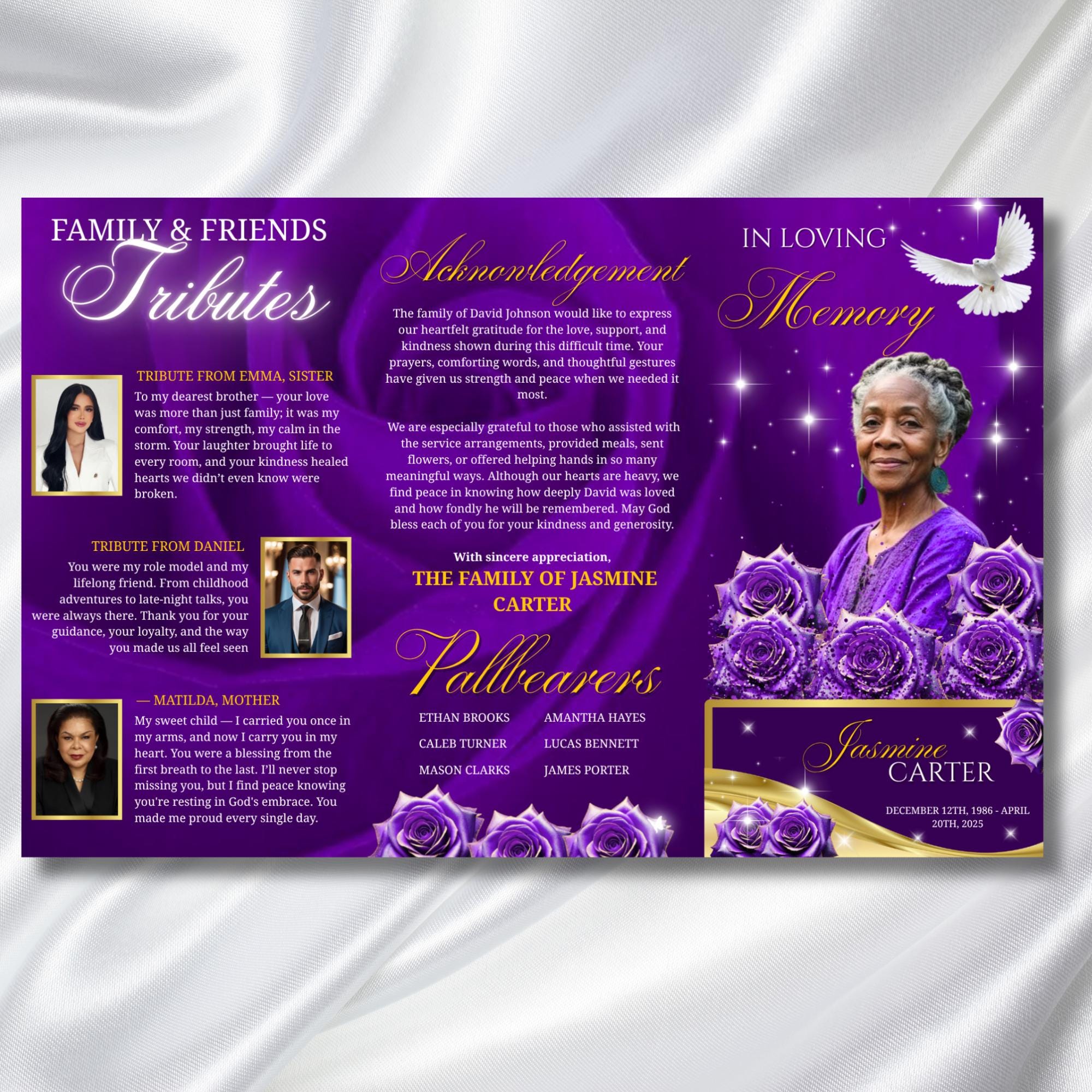 Purple Rose Glitter Funeral Program Template, Tri-Fold(17x11) Funeral Program, Obituary Celebration Of Life, In Loving Memory Templates - Editable Memorial Canva Template