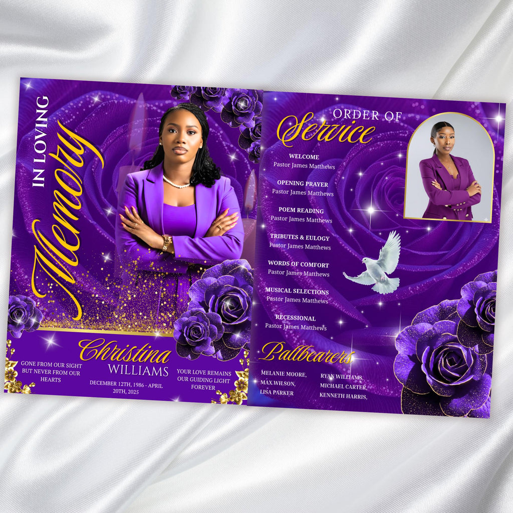 08 Pages Purple Rose Gold Funeral Program Template, Editable Bifold 8.5x11” Design, Obituary Celebration Of Life Program, Digital Download - Editable Memorial Canva Template