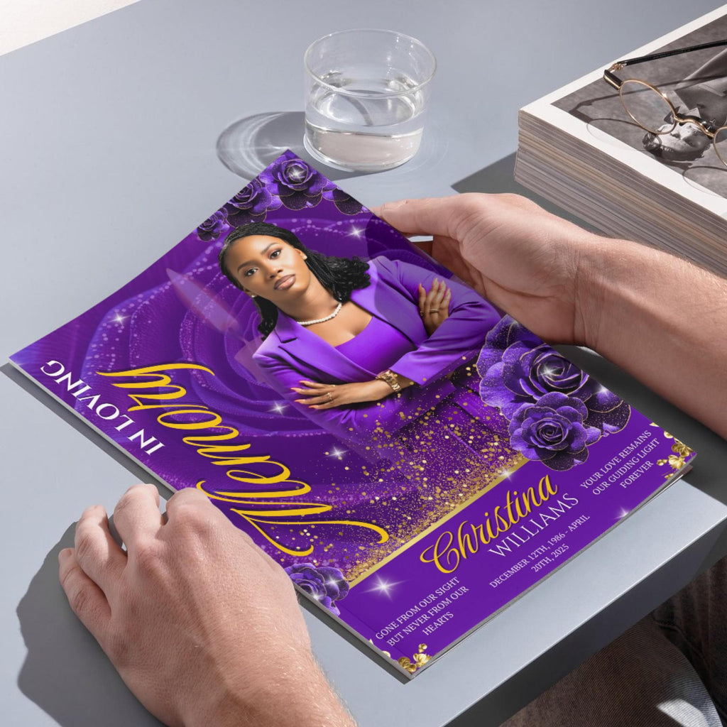 08 Pages Purple Rose Gold Funeral Program Template, Editable Bifold 8.5x11” Design, Obituary Celebration Of Life Program, Digital Download - Editable Memorial Canva Template