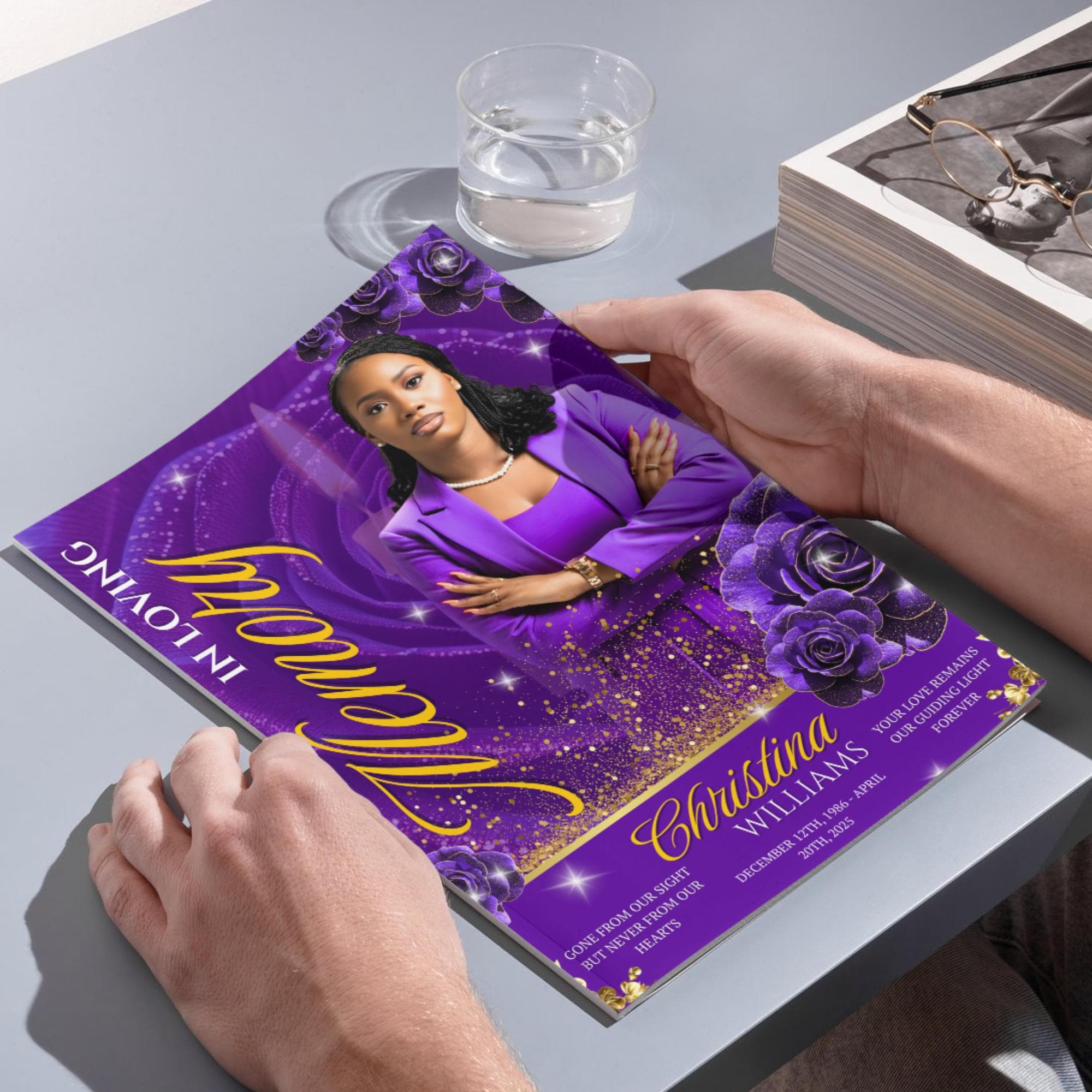 08 Pages Purple Rose Gold Funeral Program Template, Editable Bifold 8.5x11” Design, Obituary Celebration Of Life Program, Digital Download - Editable Memorial Canva Template