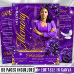 08 Pages Purple Rose Gold Funeral Program Template, Editable Bifold 8.5x11” Design, Obituary Celebration Of Life Program, Digital Download - Editable Memorial Canva Template
