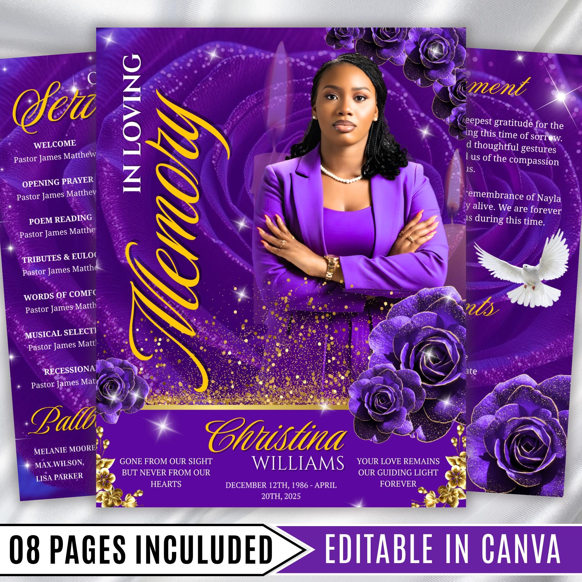 08 Pages Purple Rose Gold Funeral Program Template, Editable Bifold 8.5x11” Design, Obituary Celebration Of Life Program, Digital Download - Editable Memorial Canva Template
