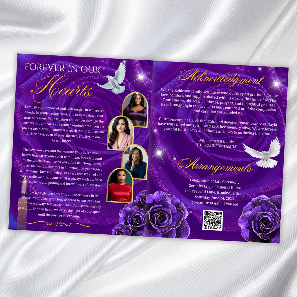 08 Pages Purple Rose Gold Funeral Program Template, Editable Bifold 8.5x11” Design, Obituary Celebration Of Life Program, Digital Download - Editable Memorial Canva Template