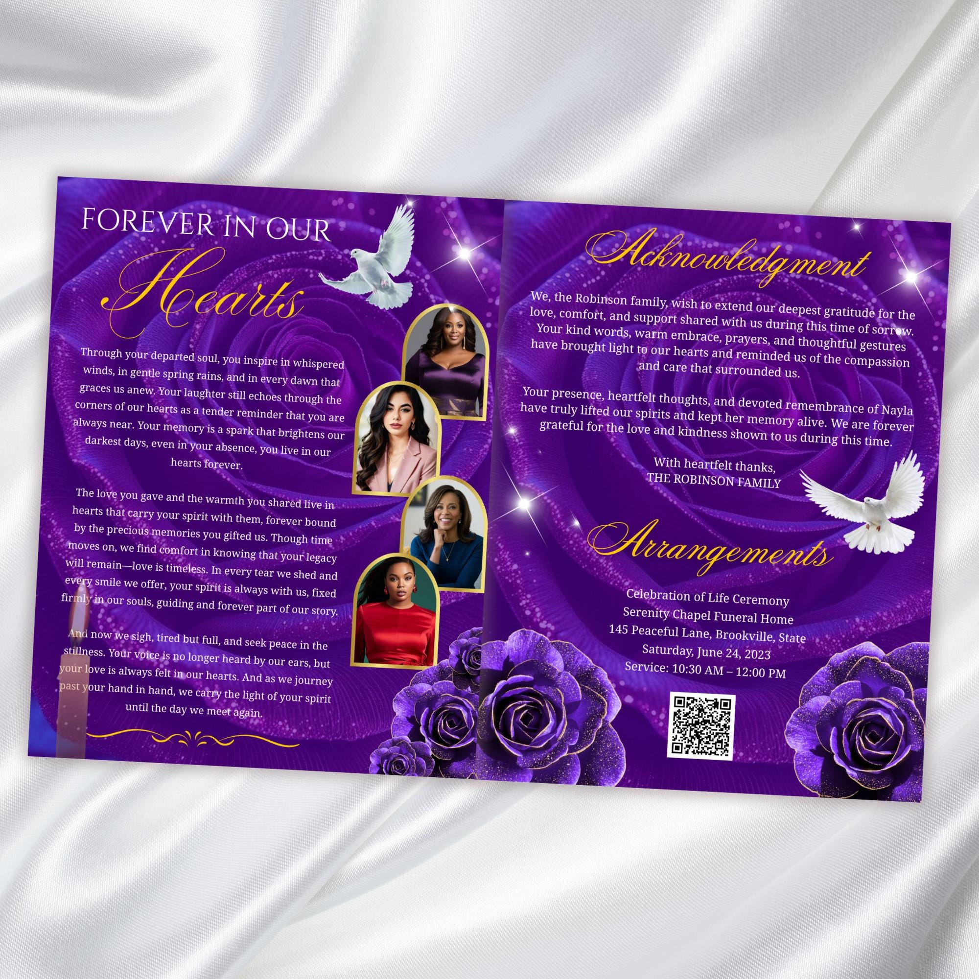 08 Pages Purple Rose Gold Funeral Program Template, Editable Bifold 8.5x11” Design, Obituary Celebration Of Life Program, Digital Download - Editable Memorial Canva Template