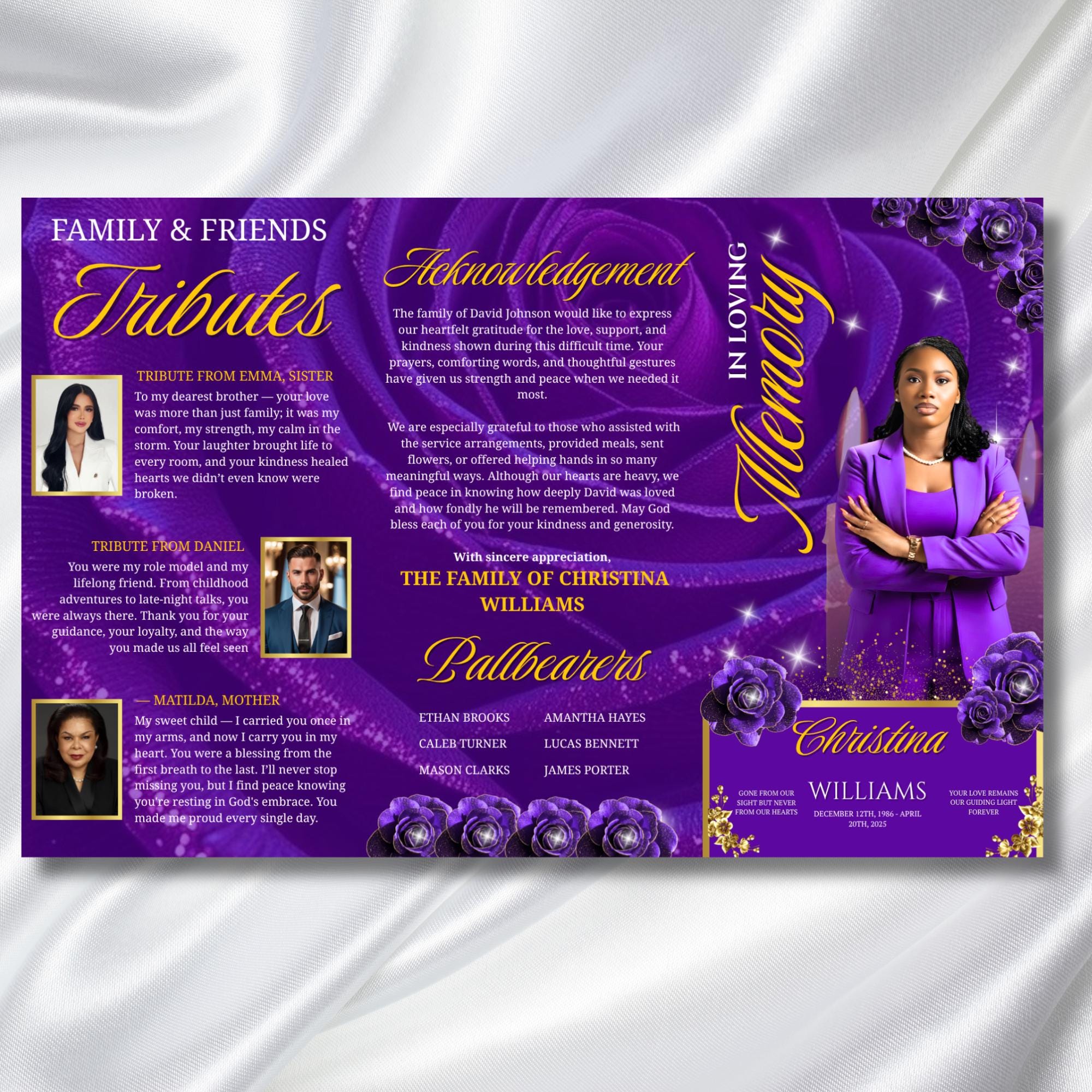 Purple Rose Gold Funeral Program Template, Tri-Fold(17x11) Funeral Program, Obituary Celebration Of Life, In Loving Memory Templates - Editable Memorial Canva Template
