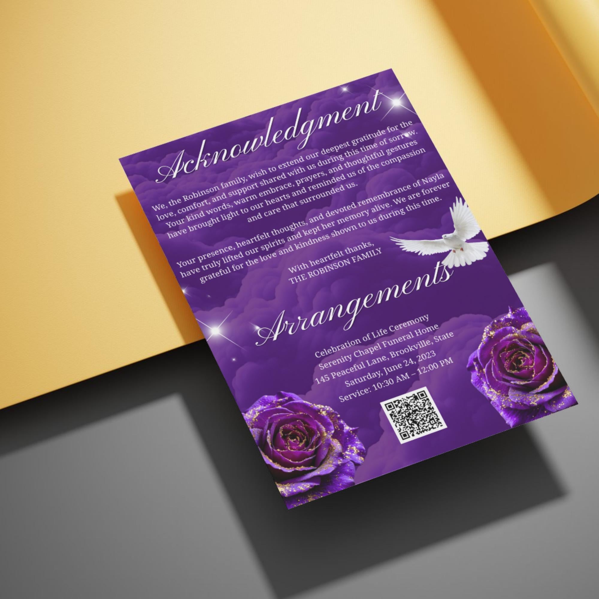 08 Purple Rose Gold Frame Funeral Program Template, Editable Bifold 8.5x11” Design, Obituary Celebration Of Life Program, Digital Download - Editable Memorial Canva Template