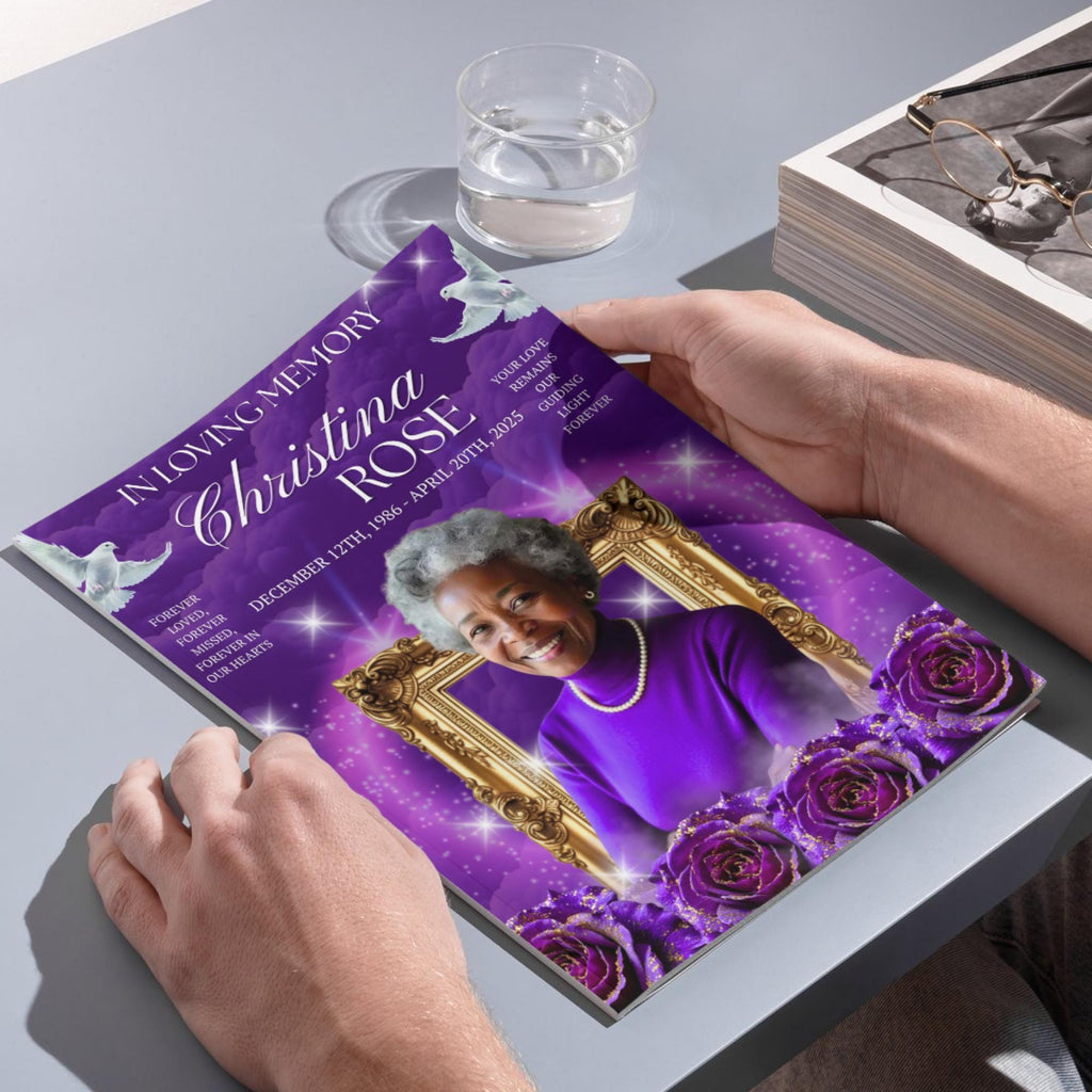 08 Purple Rose Gold Frame Funeral Program Template, Editable Bifold 8.5x11” Design, Obituary Celebration Of Life Program, Digital Download - Editable Memorial Canva Template