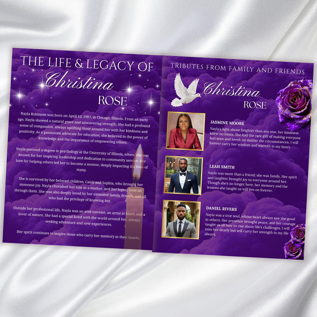 08 Purple Rose Gold Frame Funeral Program Template, Editable Bifold 8.5x11” Design, Obituary Celebration Of Life Program, Digital Download - Editable Memorial Canva Template