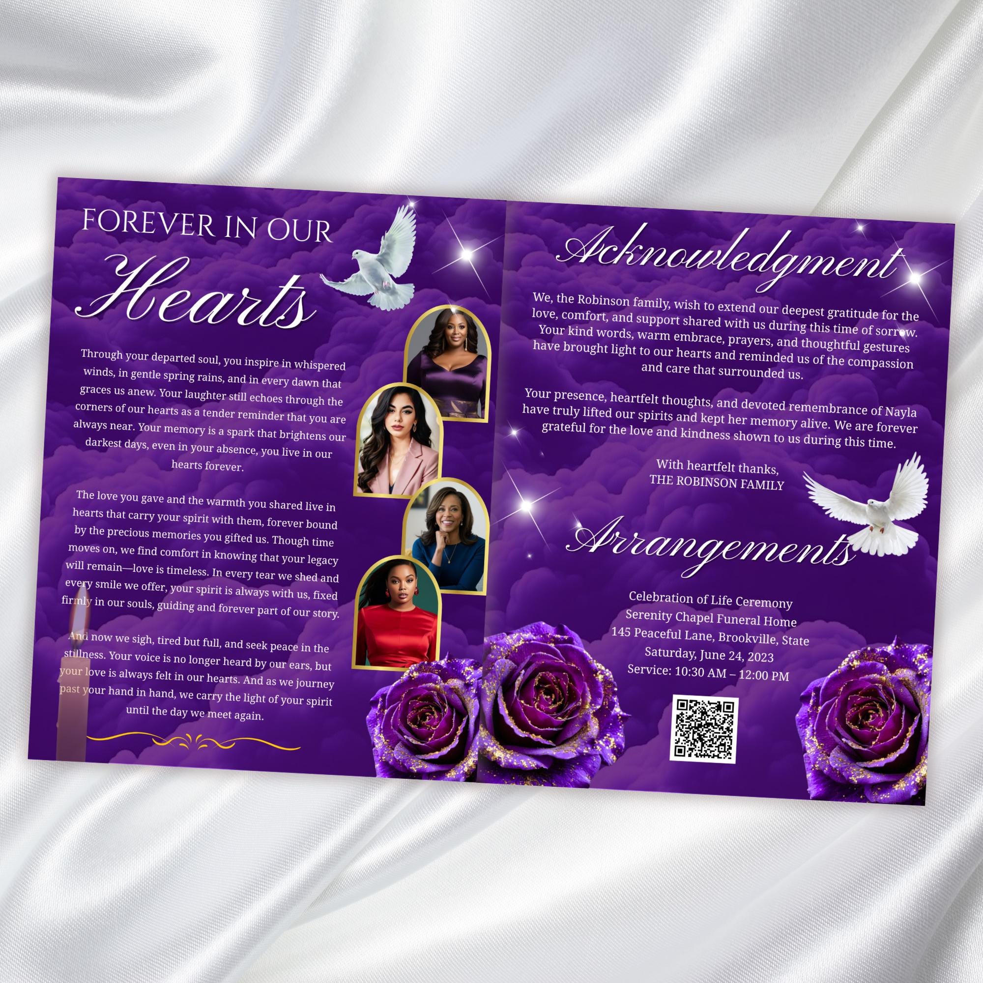 08 Purple Rose Gold Frame Funeral Program Template, Editable Bifold 8.5x11” Design, Obituary Celebration Of Life Program, Digital Download - Editable Memorial Canva Template