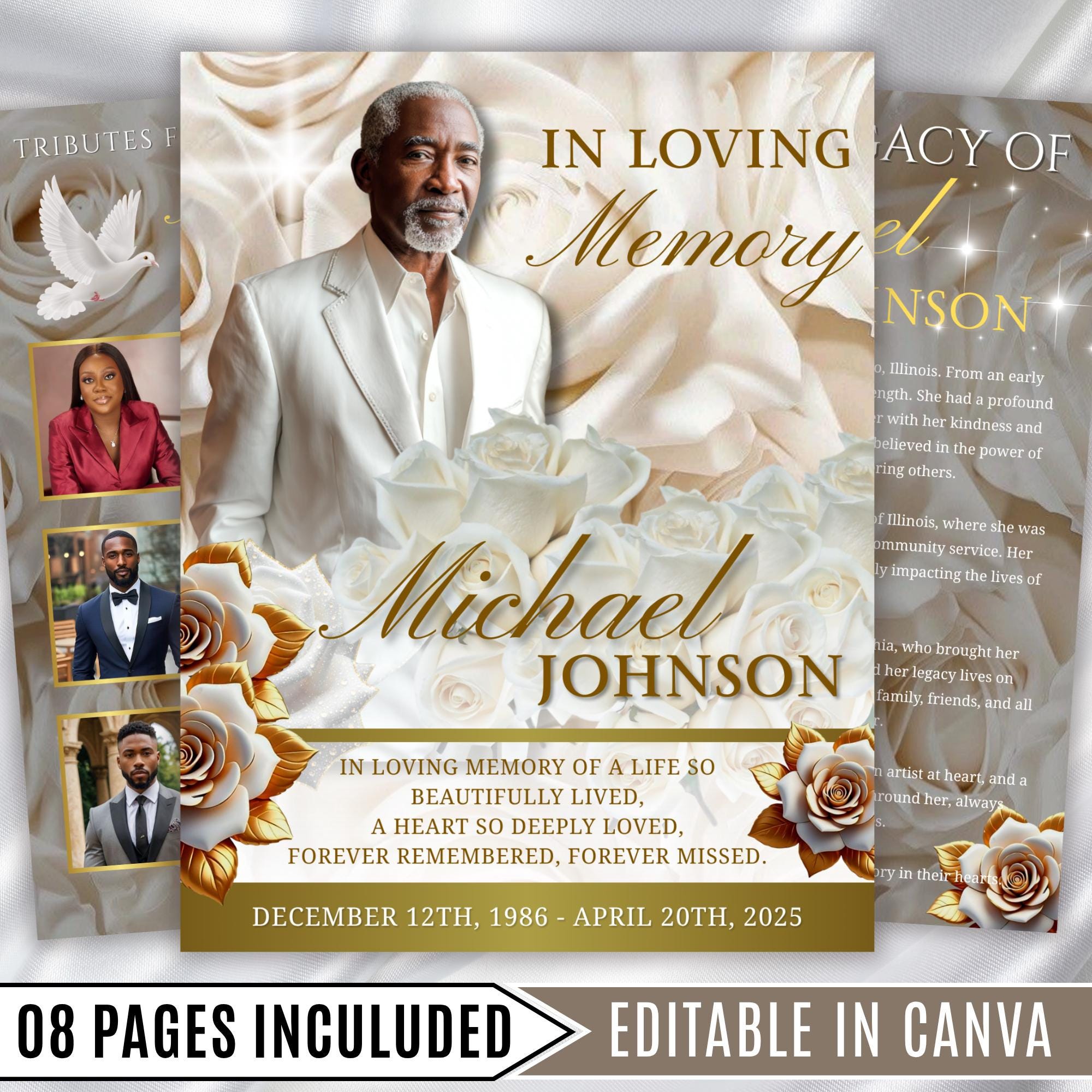 08 Pages White Rose Glitter Funeral Program Template, Editable Bifold 8.5x11” Design, Obituary Celebration Of Life Program, Digital Download - Editable Memorial Canva Template