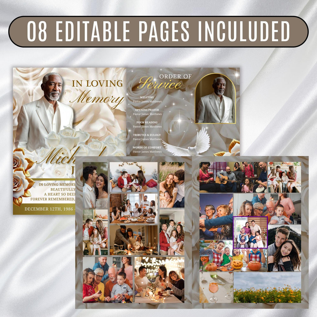 08 Pages White Rose Glitter Funeral Program Template, Editable Bifold 8.5x11” Design, Obituary Celebration Of Life Program, Digital Download - Editable Memorial Canva Template