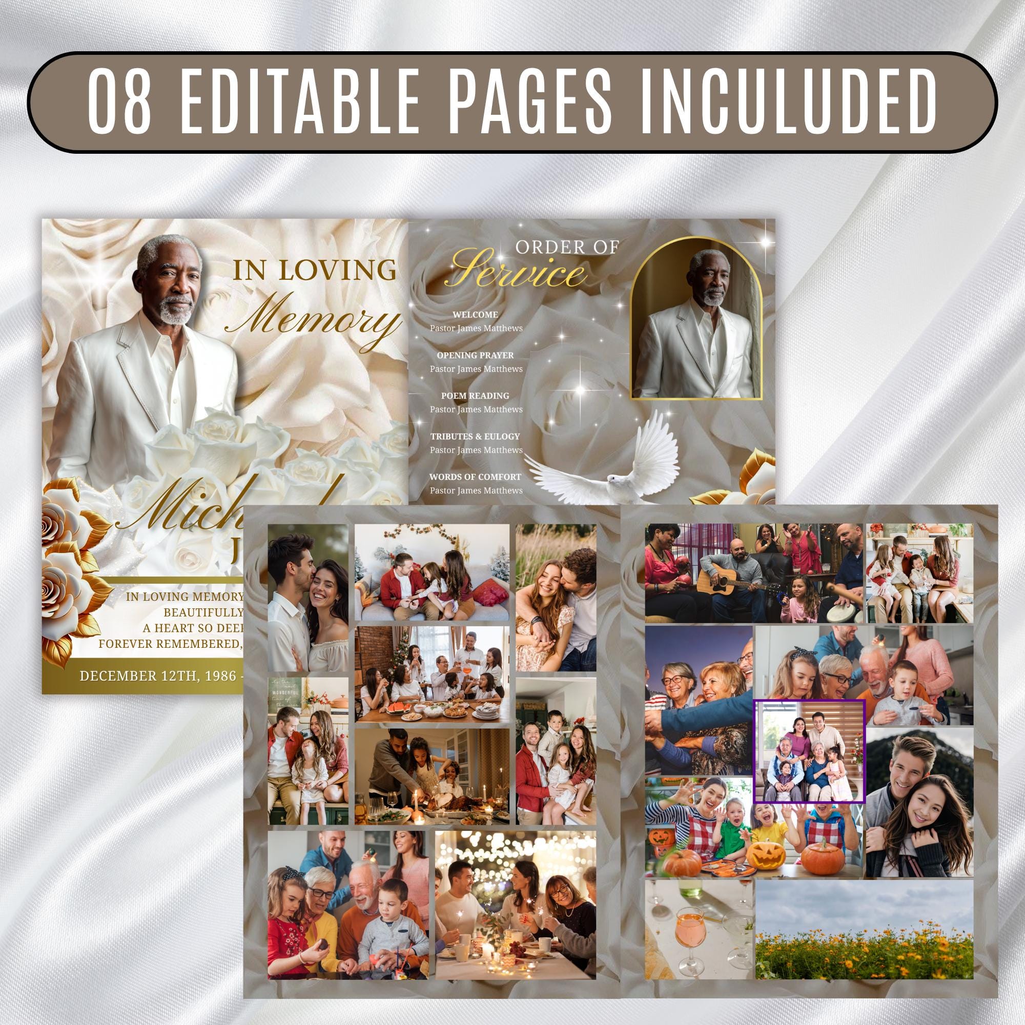 08 Pages White Rose Glitter Funeral Program Template, Editable Bifold 8.5x11” Design, Obituary Celebration Of Life Program, Digital Download - Editable Memorial Canva Template
