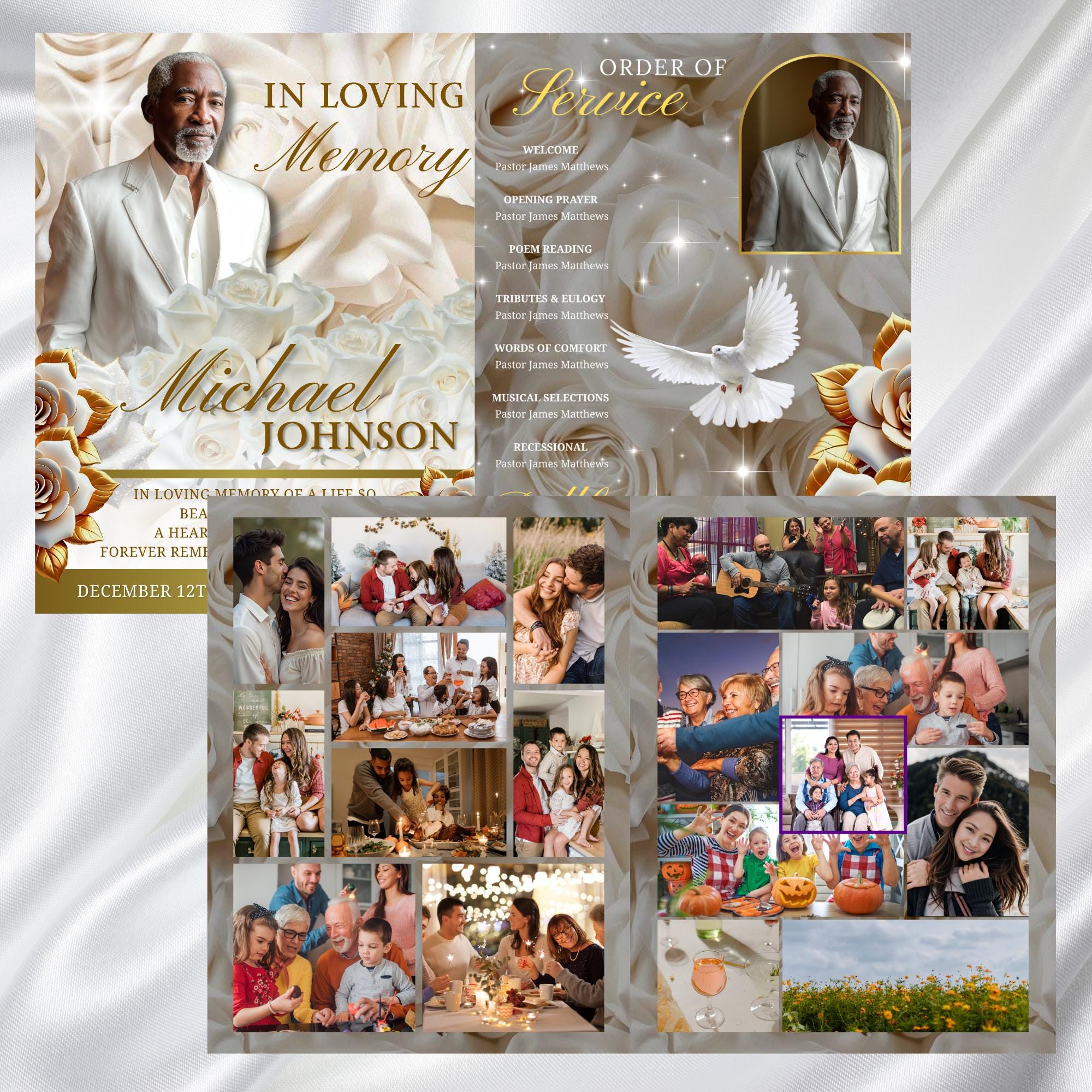 08 Pages White Rose Glitter Funeral Program Template, Editable Bifold 8.5x11” Design, Obituary Celebration Of Life Program, Digital Download - Editable Memorial Canva Template