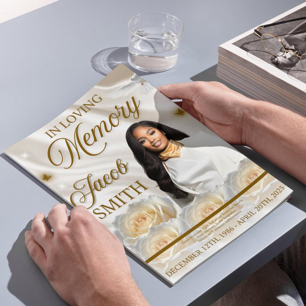 08 Pages White Rose Funeral Program Template, Editable Bifold 8.5x11” Design, Obituary Celebration Of Life Program, Digital Download - Editable Memorial Canva Template