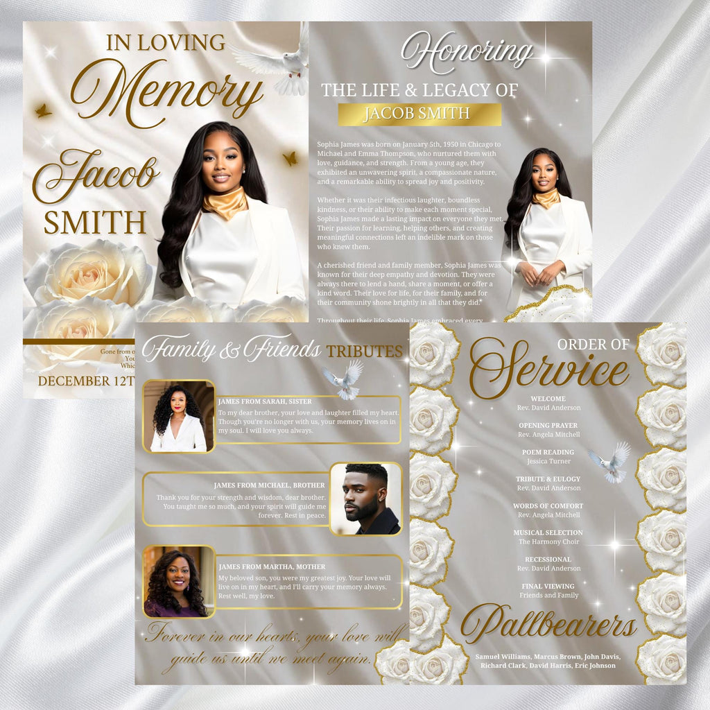 08 Pages White Rose Funeral Program Template, Editable Bifold 8.5x11” Design, Obituary Celebration Of Life Program, Digital Download - Editable Memorial Canva Template