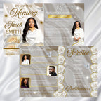08 Pages White Rose Funeral Program Template, Editable Bifold 8.5x11” Design, Obituary Celebration Of Life Program, Digital Download - Editable Memorial Canva Template