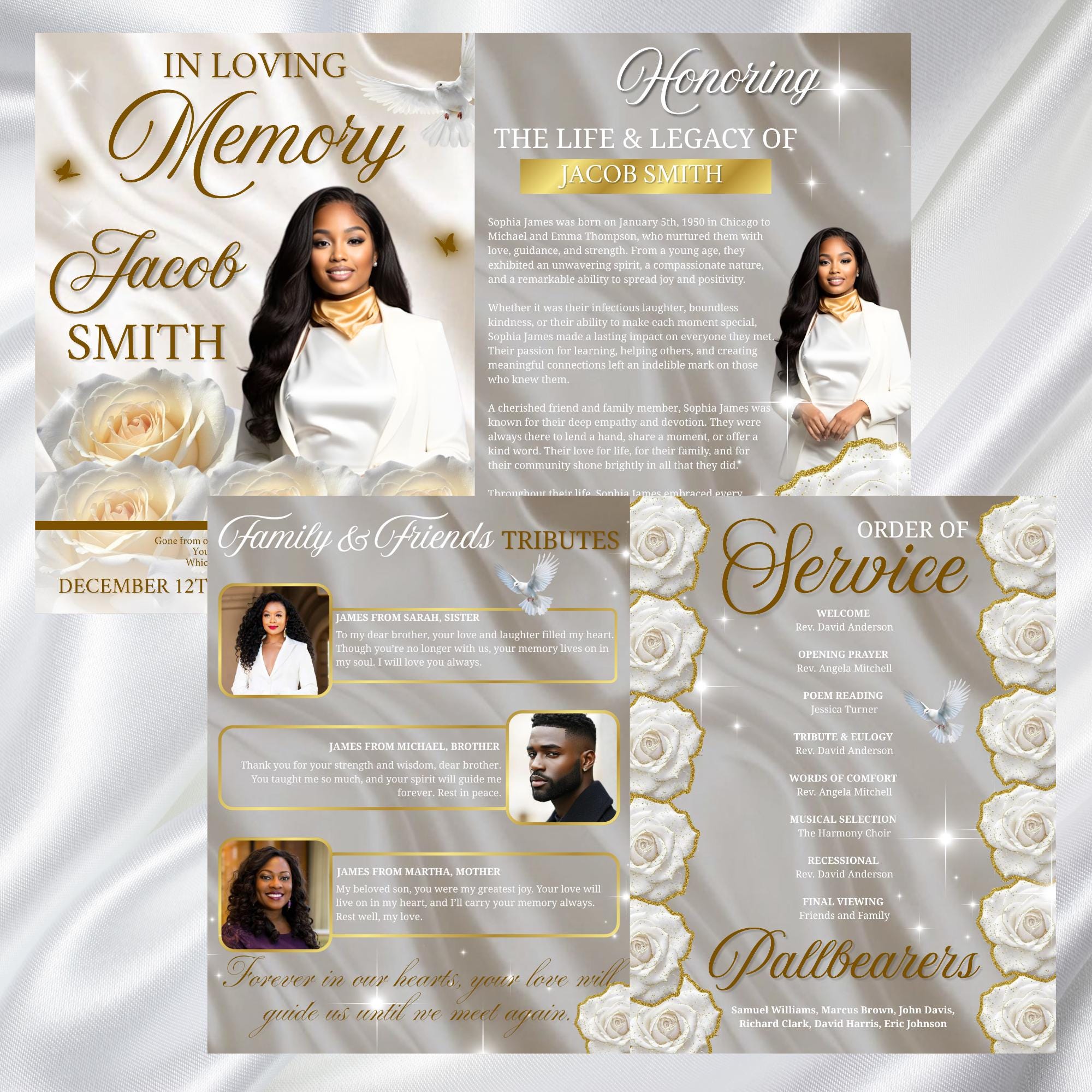 08 Pages White Rose Funeral Program Template, Editable Bifold 8.5x11” Design, Obituary Celebration Of Life Program, Digital Download - Editable Memorial Canva Template