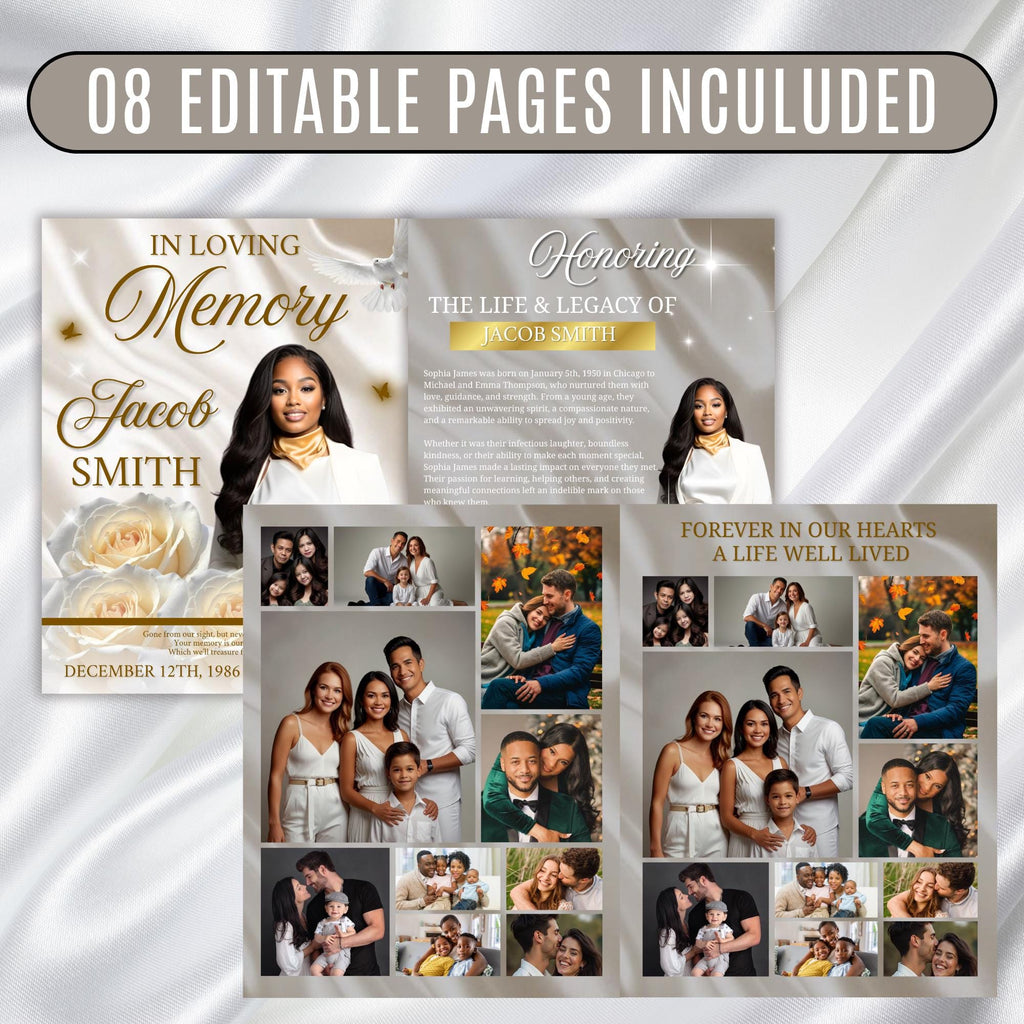 08 Pages White Rose Funeral Program Template, Editable Bifold 8.5x11” Design, Obituary Celebration Of Life Program, Digital Download - Editable Memorial Canva Template
