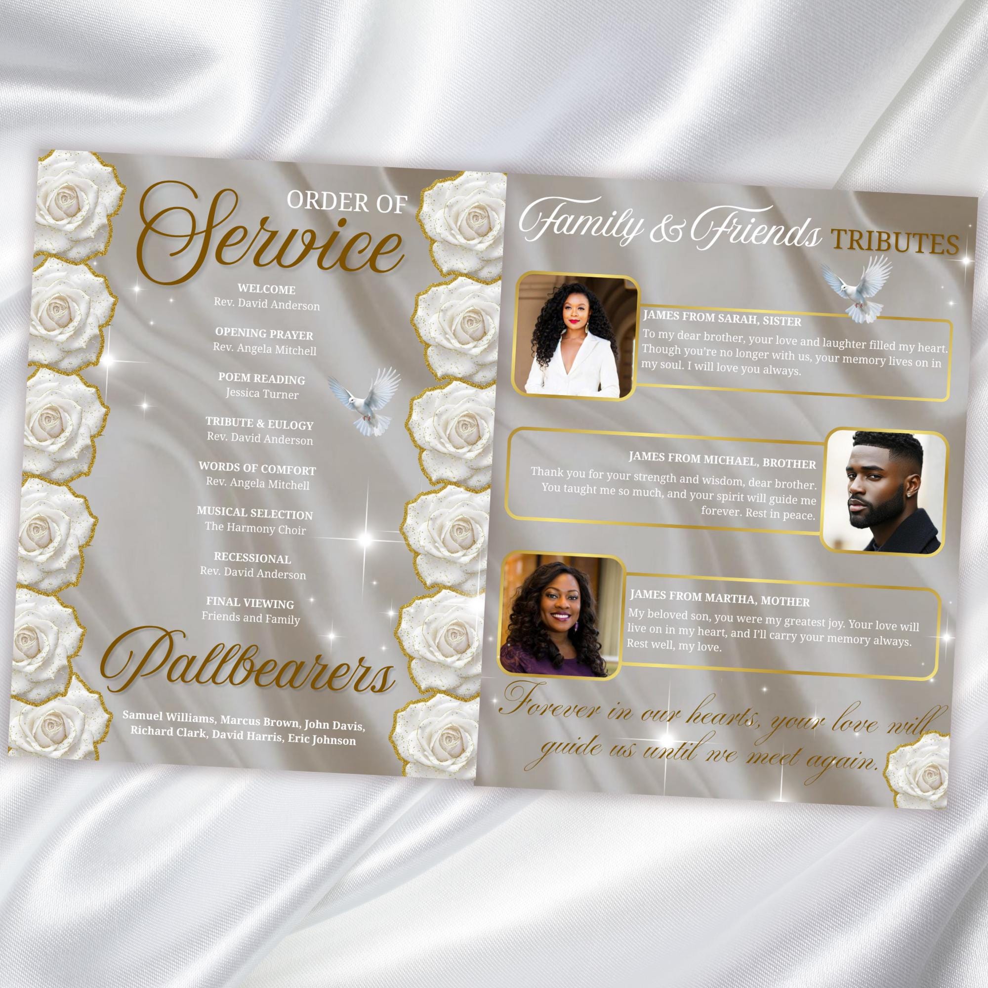 08 Pages White Rose Funeral Program Template, Editable Bifold 8.5x11” Design, Obituary Celebration Of Life Program, Digital Download - Editable Memorial Canva Template