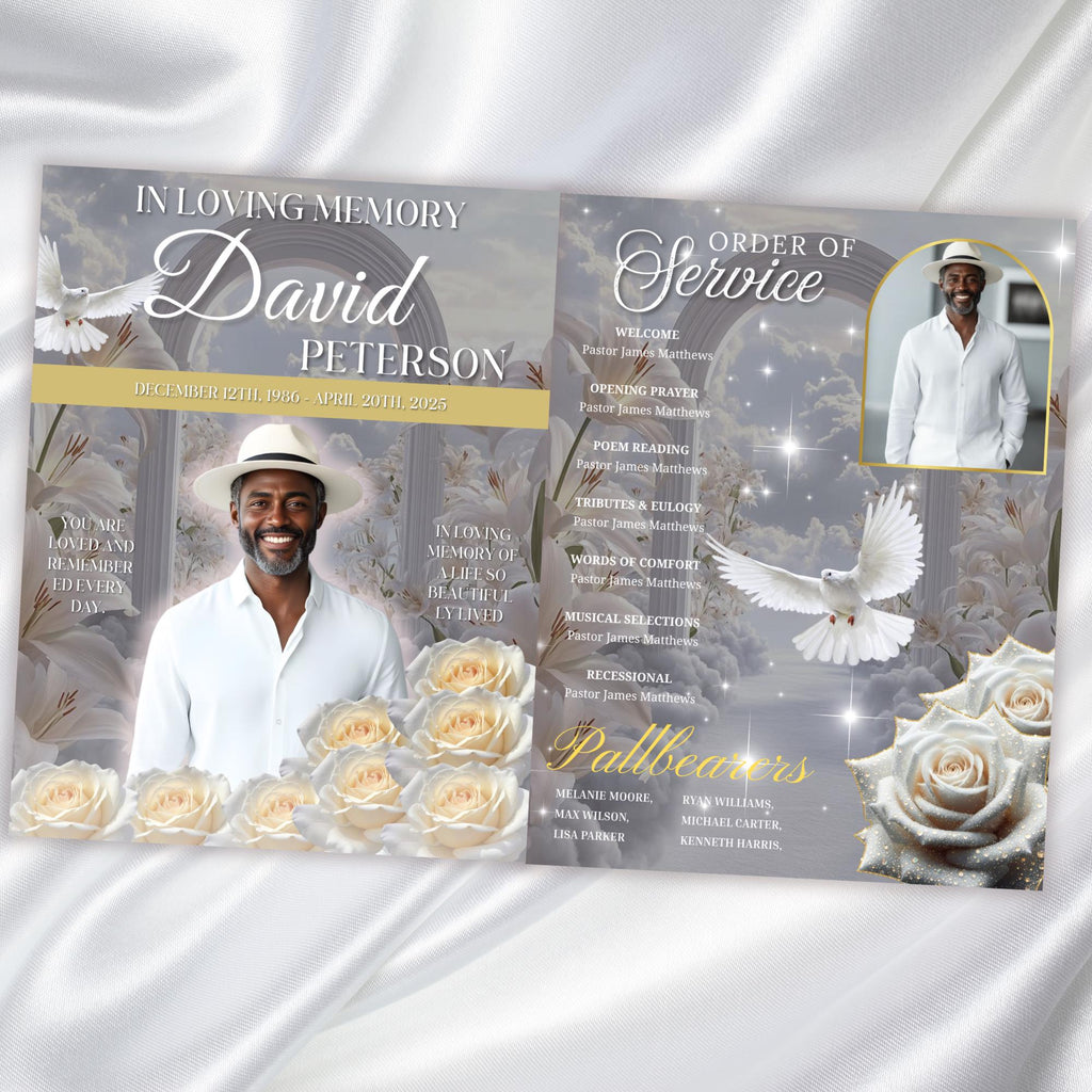 08 Pages White Rose Glitter Funeral Program Template, Editable Bifold 8.5x11” Design, Obituary Celebration Of Life Program, Digital Download - Editable Memorial Canva Template