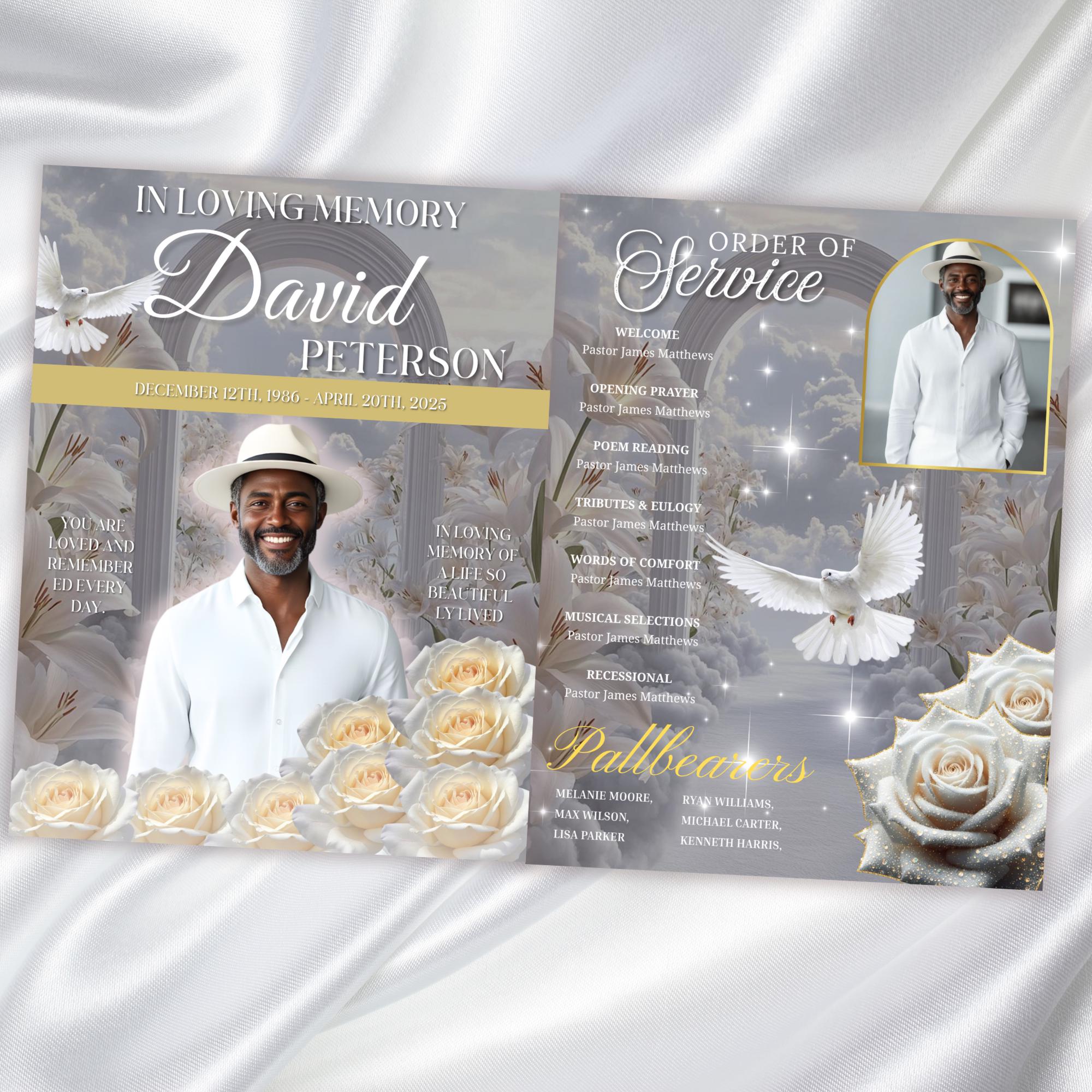 08 Pages White Rose Glitter Funeral Program Template, Editable Bifold 8.5x11” Design, Obituary Celebration Of Life Program, Digital Download - Editable Memorial Canva Template
