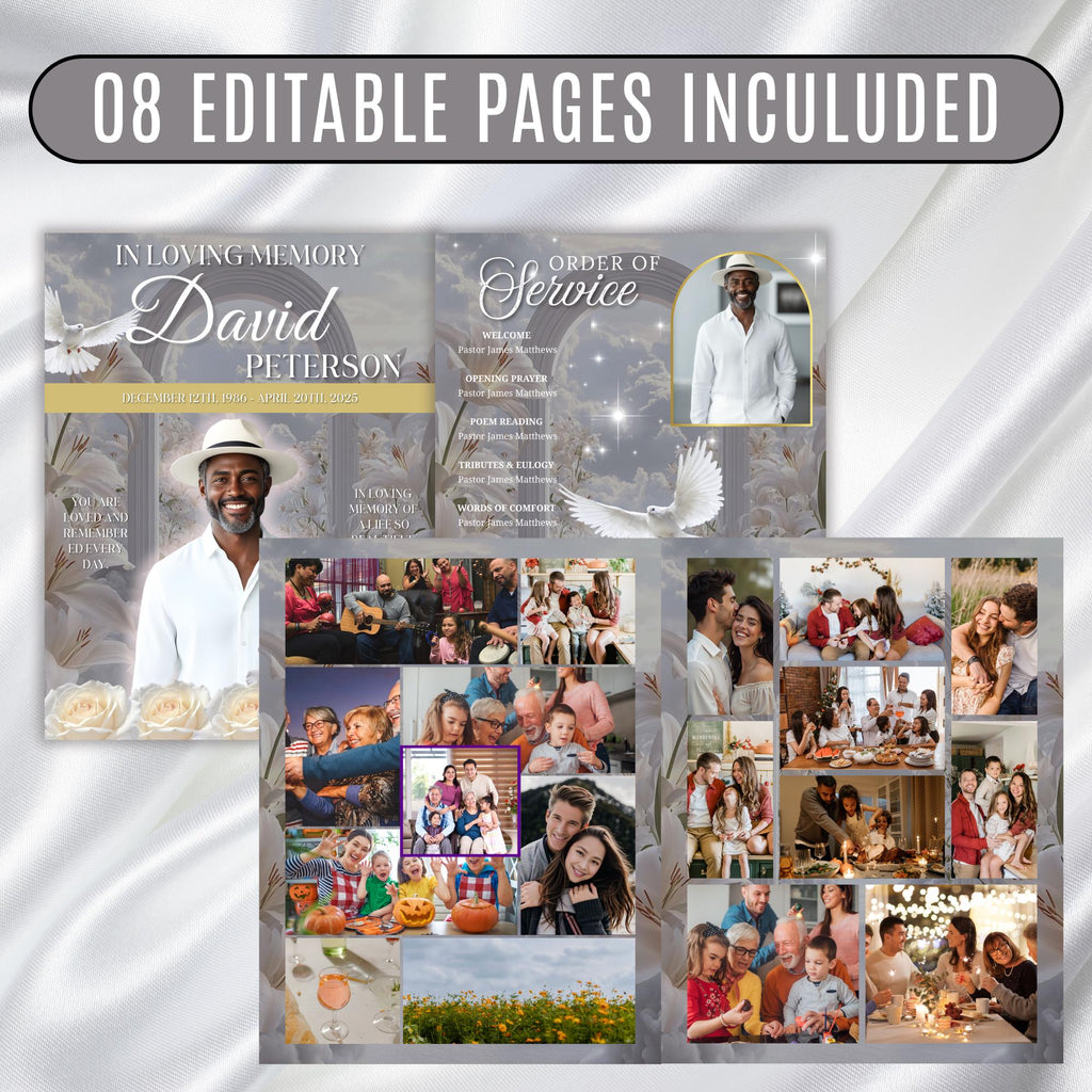 08 Pages White Rose Glitter Funeral Program Template, Editable Bifold 8.5x11” Design, Obituary Celebration Of Life Program, Digital Download - Editable Memorial Canva Template