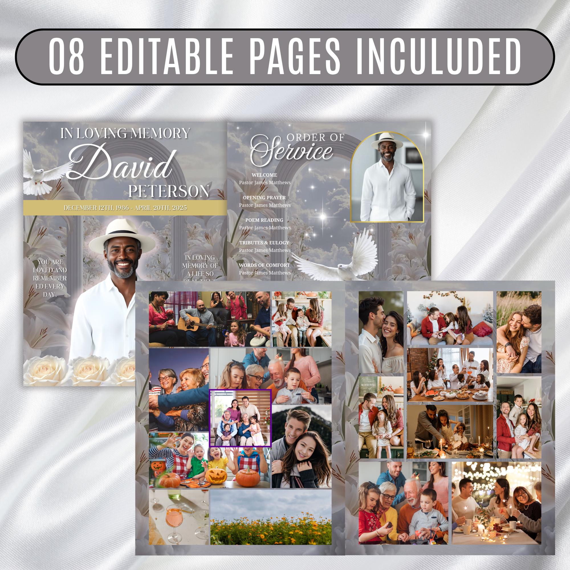 08 Pages White Rose Glitter Funeral Program Template, Editable Bifold 8.5x11” Design, Obituary Celebration Of Life Program, Digital Download - Editable Memorial Canva Template