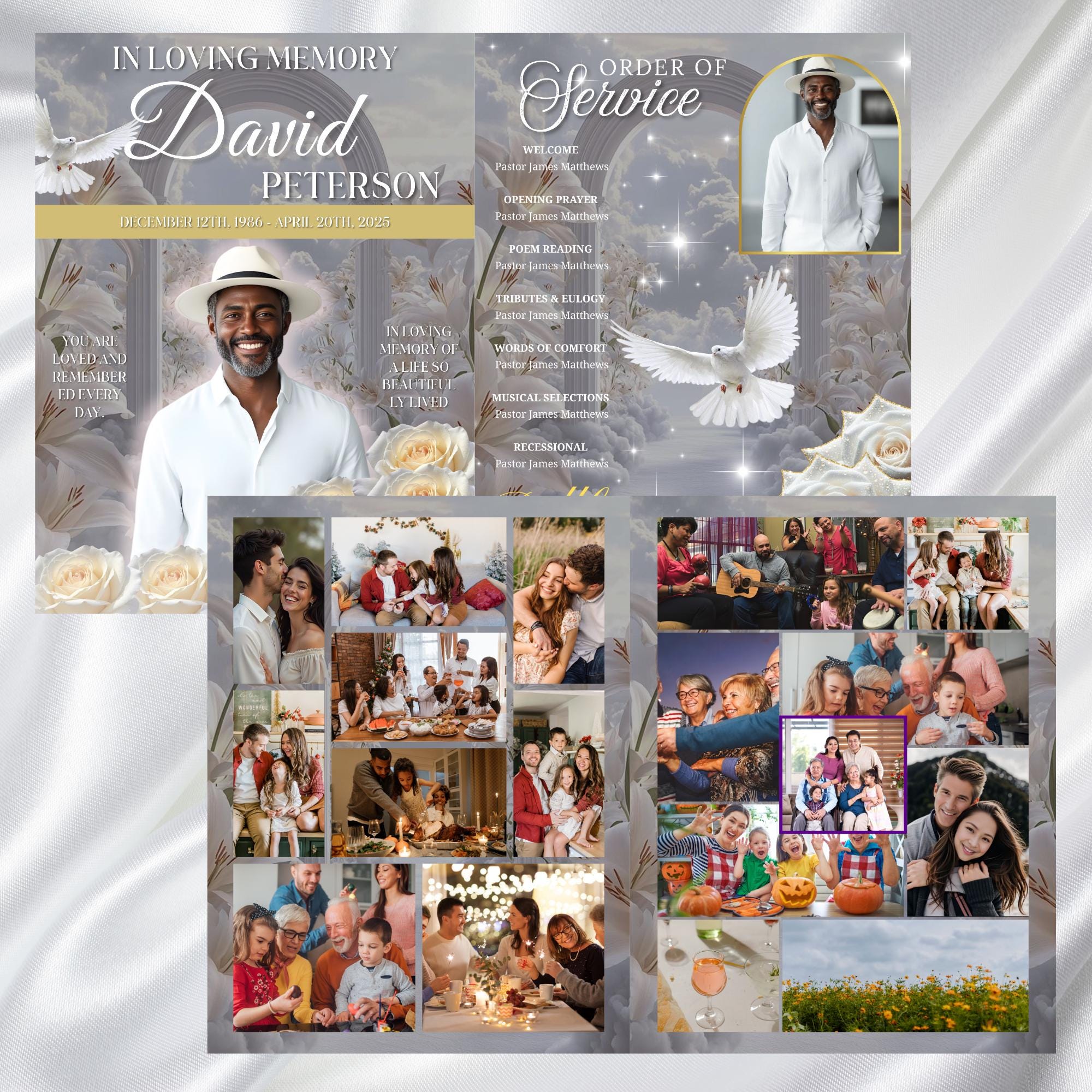 08 Pages White Rose Glitter Funeral Program Template, Editable Bifold 8.5x11” Design, Obituary Celebration Of Life Program, Digital Download - Editable Memorial Canva Template