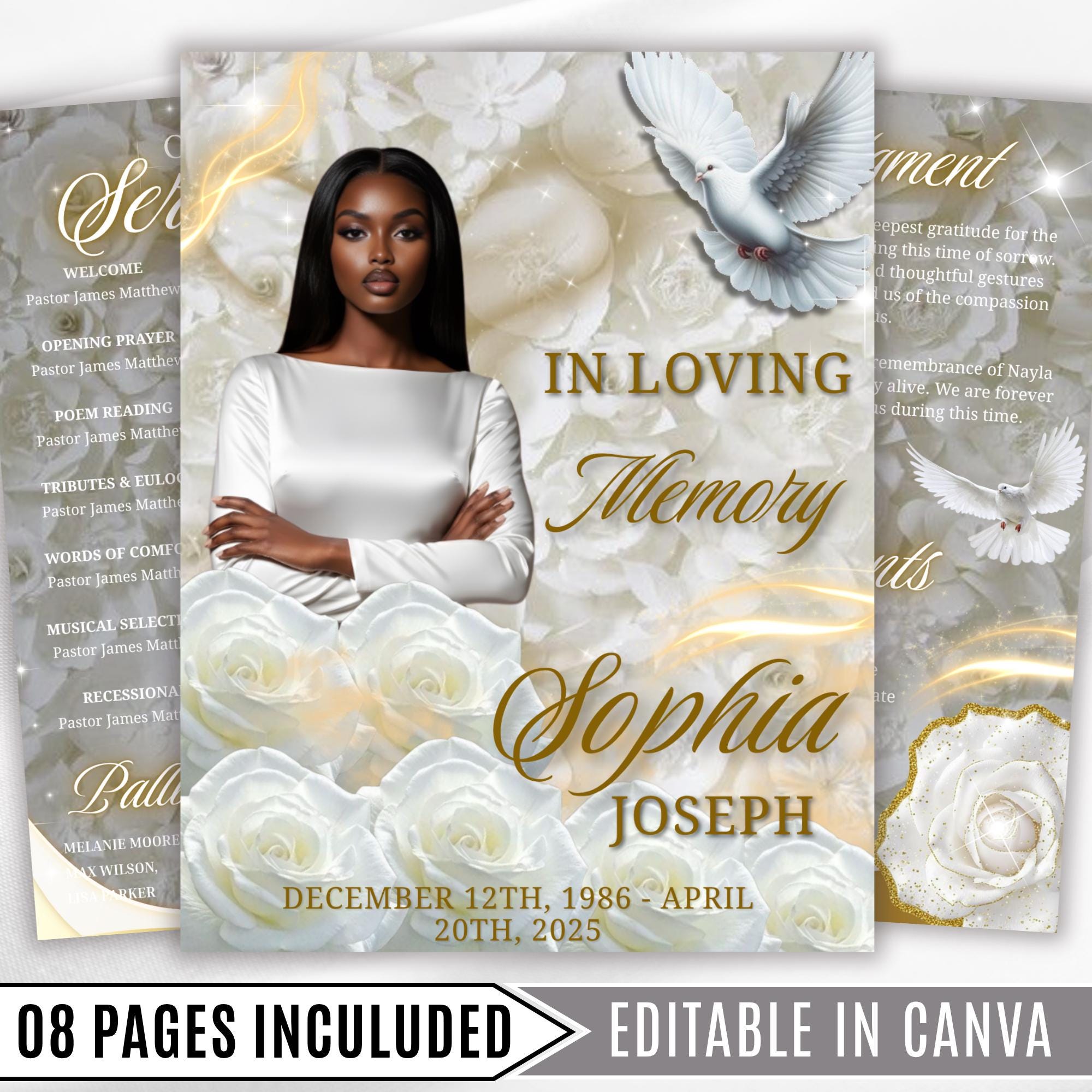 08 Pages White Rose Glitter Stars Funeral Program Template, Editable Bifold 8.5x11” Design, Obituary Celebration Of Life, Digital Download - Editable Memorial Canva Template