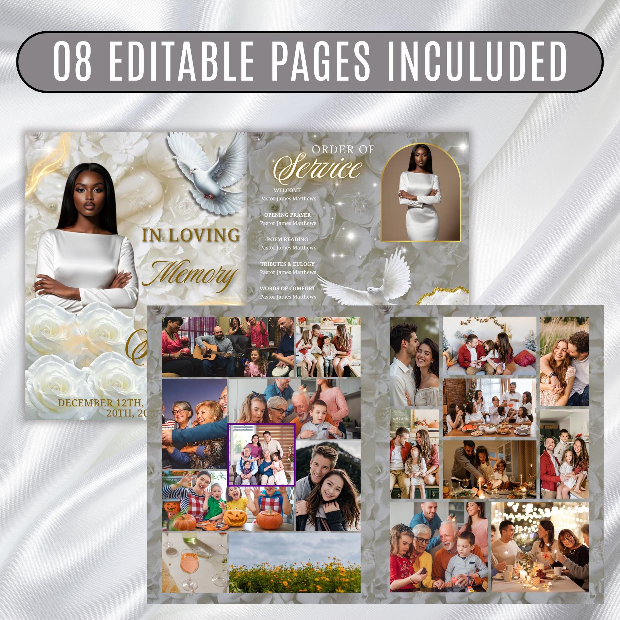 08 Pages White Rose Glitter Stars Funeral Program Template, Editable Bifold 8.5x11” Design, Obituary Celebration Of Life, Digital Download - Editable Memorial Canva Template