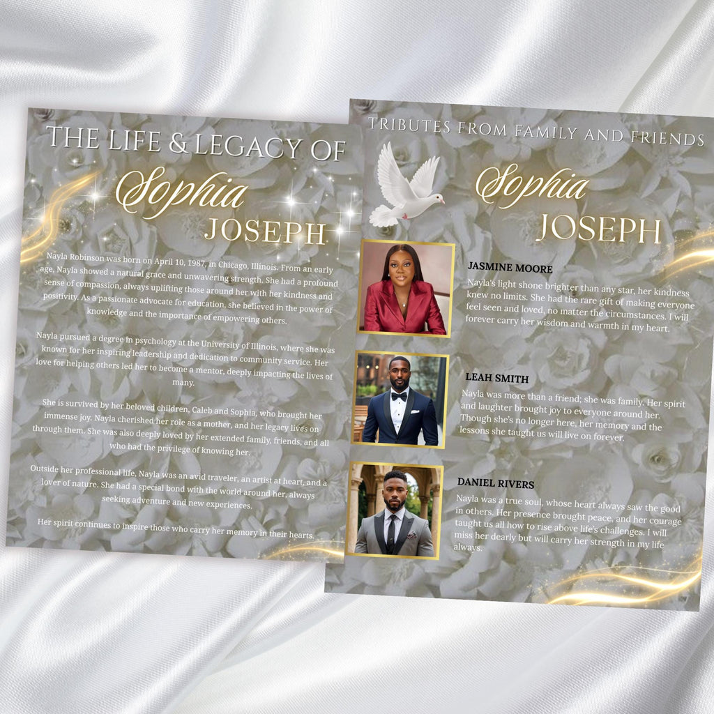 08 Pages White Rose Glitter Stars Funeral Program Template, Editable Bifold 8.5x11” Design, Obituary Celebration Of Life, Digital Download - Editable Memorial Canva Template