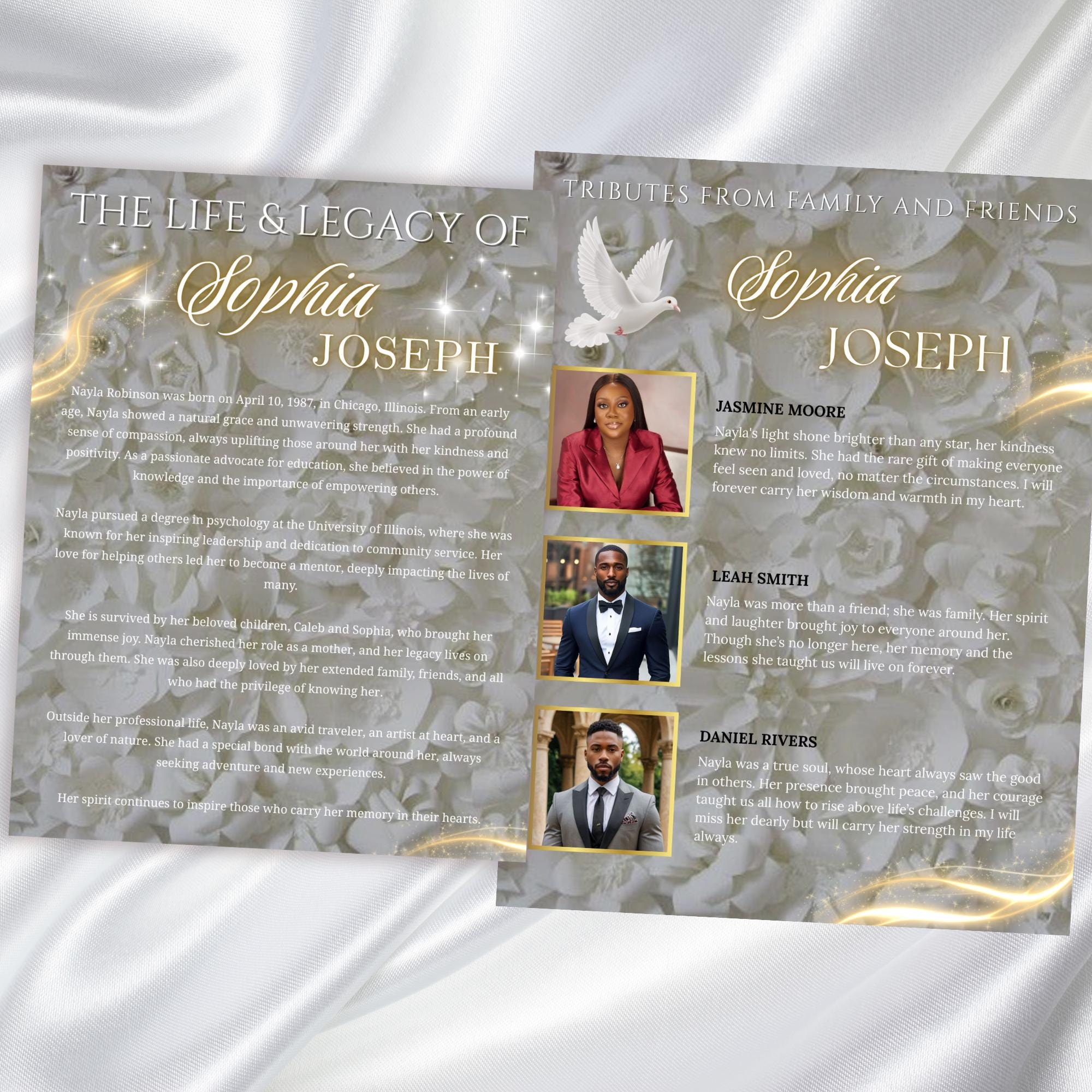 08 Pages White Rose Glitter Stars Funeral Program Template, Editable Bifold 8.5x11” Design, Obituary Celebration Of Life, Digital Download - Editable Memorial Canva Template