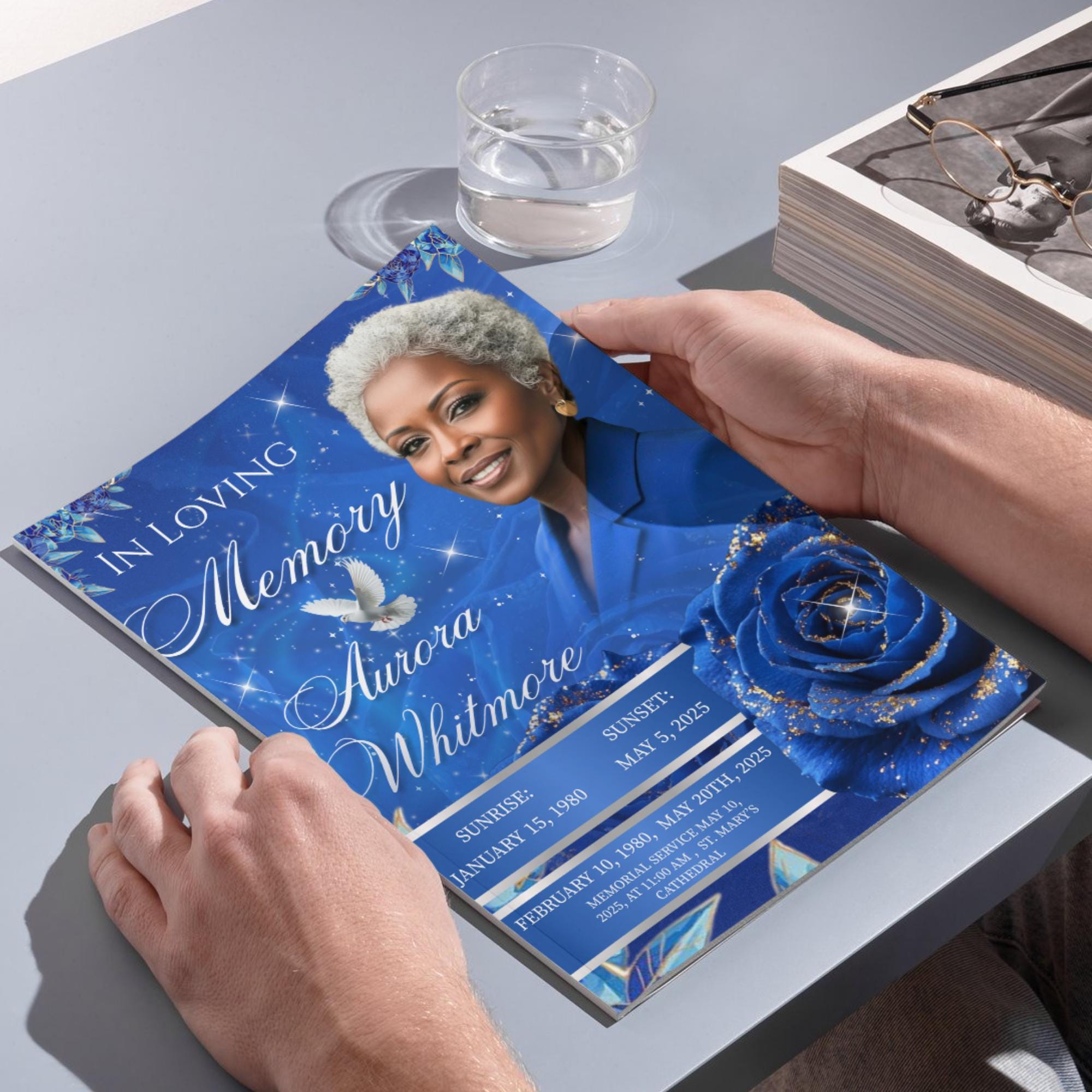 08 Pages Blue Roses Funeral Program Template, Editable Bifold 8.5x11” Design, Obituary Celebration Of Life Program, Digital Download - Editable Memorial Canva Template