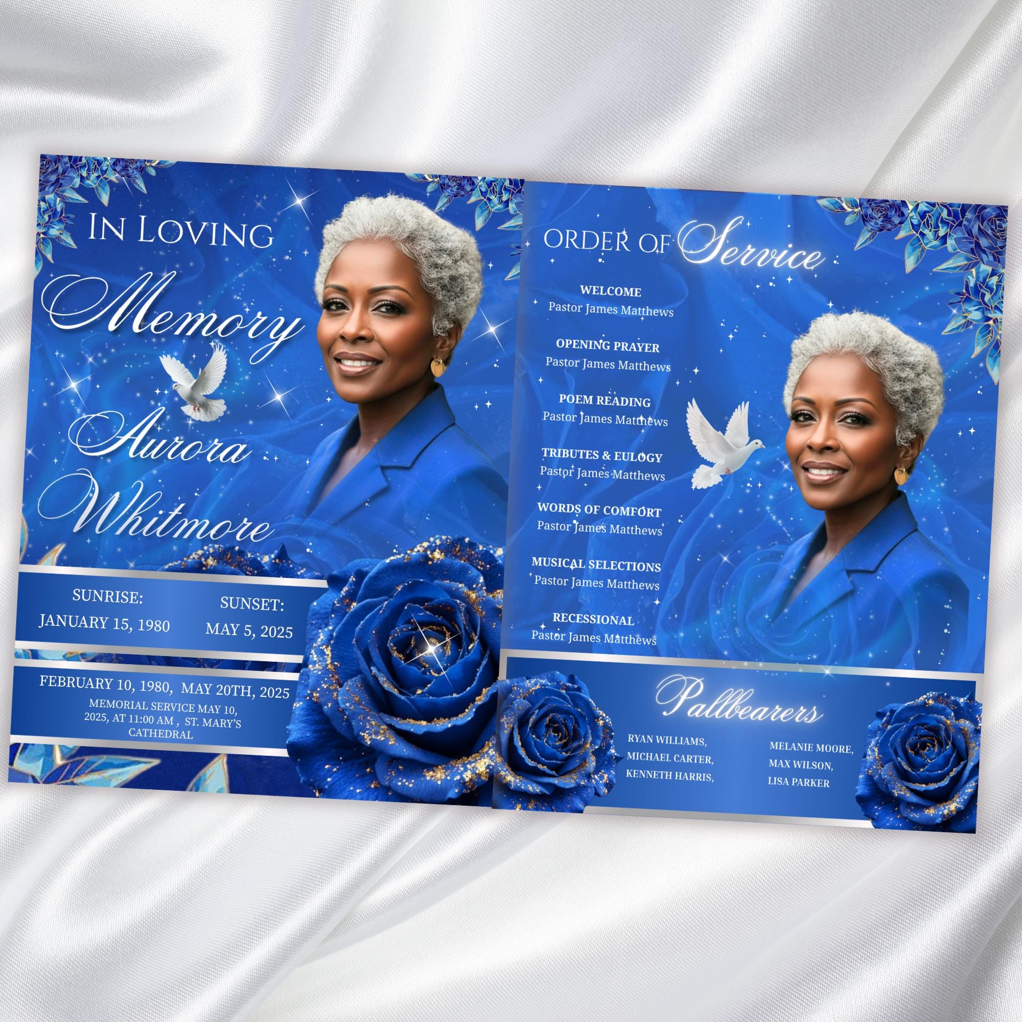 08 Pages Blue Roses Funeral Program Template, Editable Bifold 8.5x11” Design, Obituary Celebration Of Life Program, Digital Download - Editable Memorial Canva Template