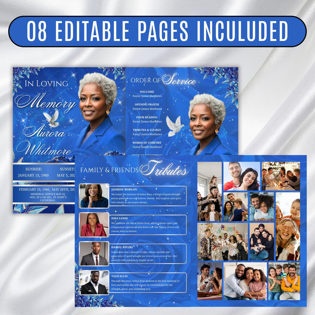 08 Pages Blue Roses Funeral Program Template, Editable Bifold 8.5x11” Design, Obituary Celebration Of Life Program, Digital Download - Editable Memorial Canva Template