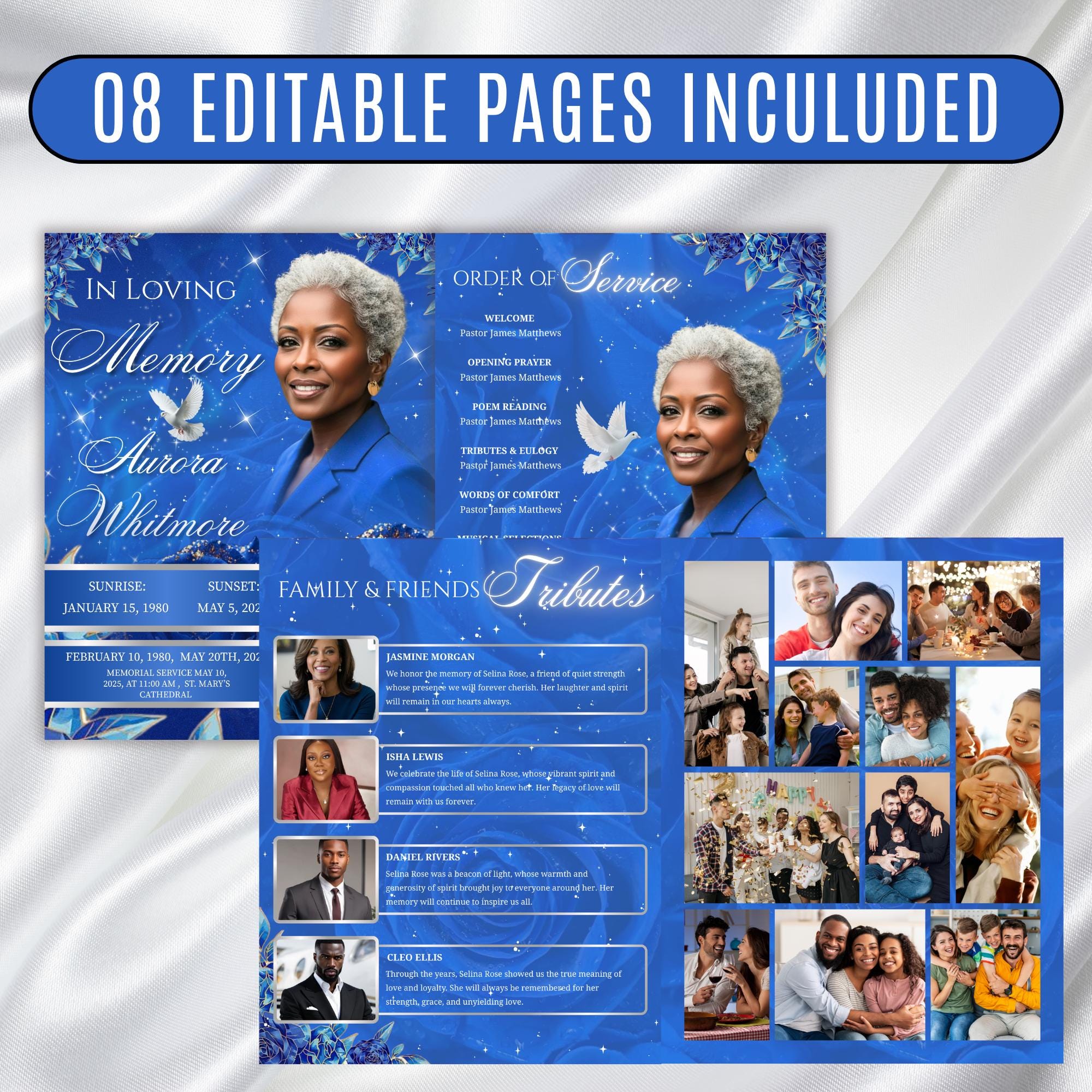 08 Pages Blue Roses Funeral Program Template, Editable Bifold 8.5x11” Design, Obituary Celebration Of Life Program, Digital Download - Editable Memorial Canva Template