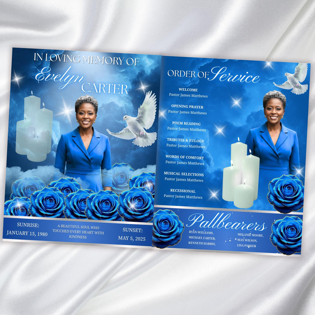 08 Pages Blue Rose Glitter Funeral Program Template, Editable Bifold 8.5x11” Design, Obituary Celebration Of Life Program, Digital Download - Editable Memorial Canva Template
