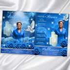 08 Pages Blue Rose Glitter Funeral Program Template, Editable Bifold 8.5x11” Design, Obituary Celebration Of Life Program, Digital Download - Editable Memorial Canva Template