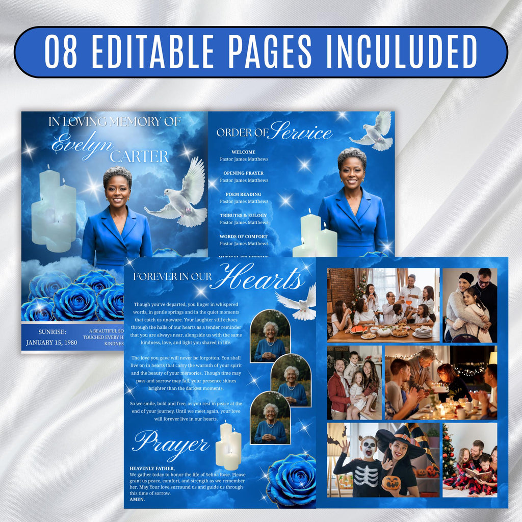 08 Pages Blue Rose Glitter Funeral Program Template, Editable Bifold 8.5x11” Design, Obituary Celebration Of Life Program, Digital Download - Editable Memorial Canva Template