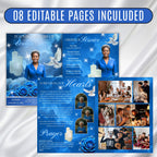 08 Pages Blue Rose Glitter Funeral Program Template, Editable Bifold 8.5x11” Design, Obituary Celebration Of Life Program, Digital Download - Editable Memorial Canva Template