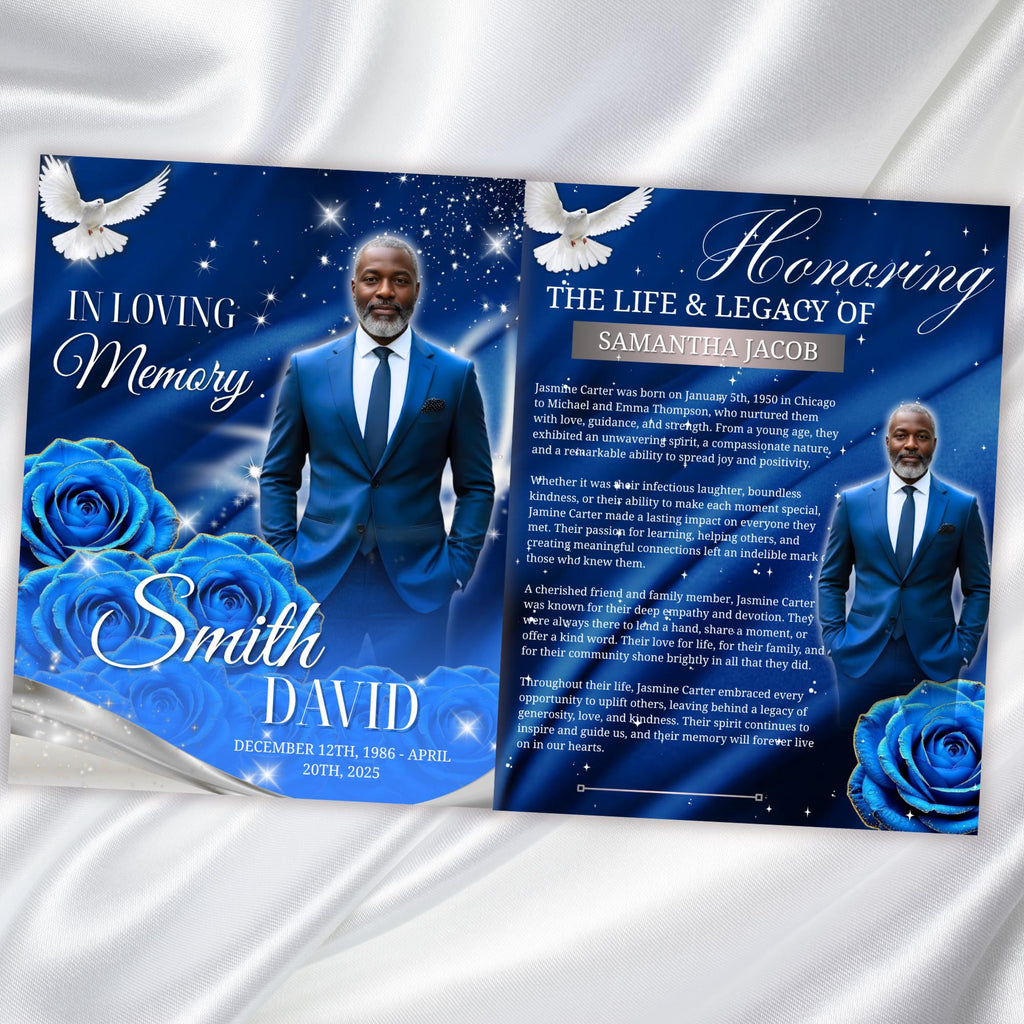 08 Blue Roses and Silver Funeral Program Template, Editable Bifold 8.5x11” Design, Obituary Celebration Of Life Program, Digital Download - Editable Memorial Canva Template
