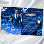 08 Blue Roses and Silver Funeral Program Template, Editable Bifold 8.5x11” Design, Obituary Celebration Of Life Program, Digital Download - Editable Memorial Canva Template