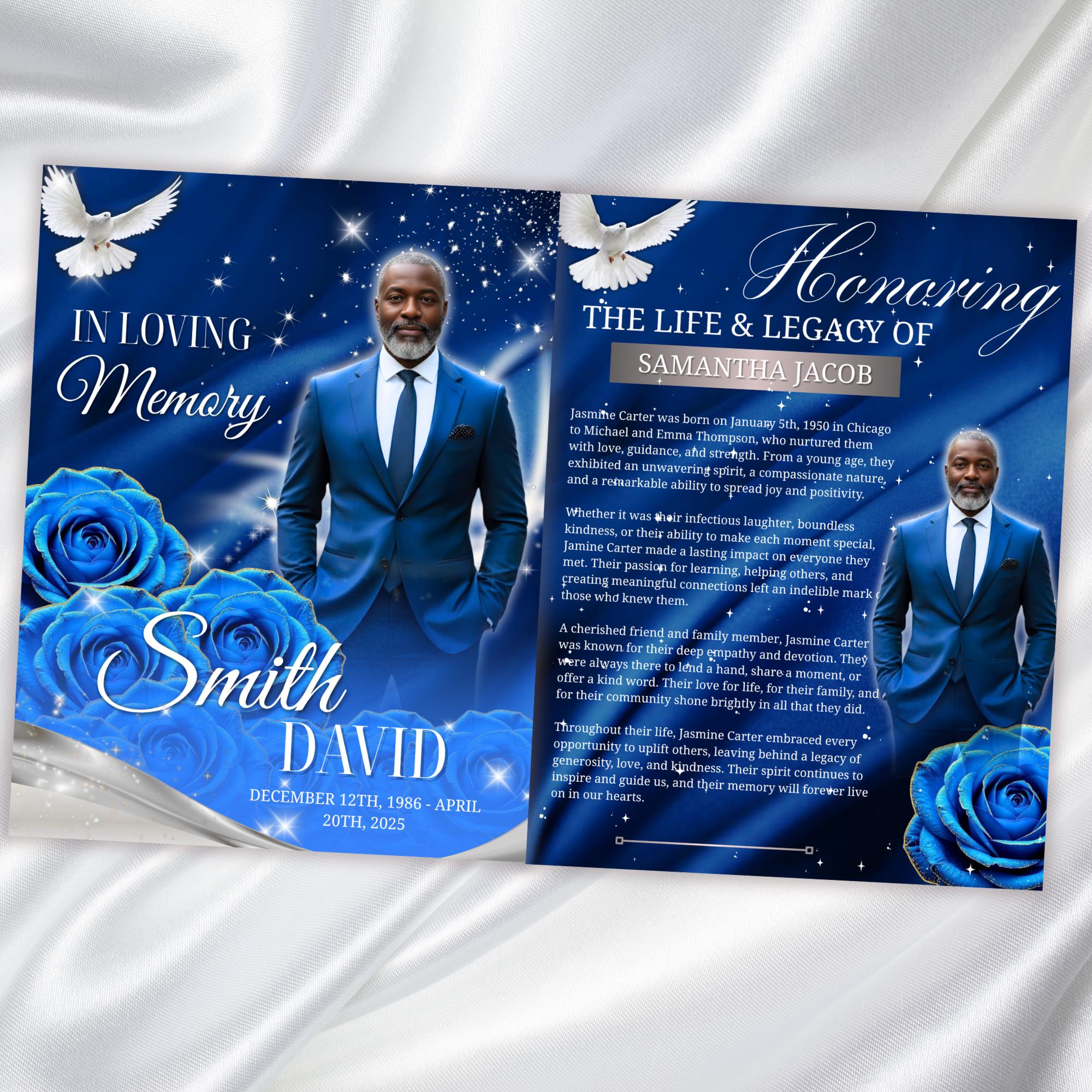 08 Blue Roses and Silver Funeral Program Template, Editable Bifold 8.5x11” Design, Obituary Celebration Of Life Program, Digital Download - Editable Memorial Canva Template