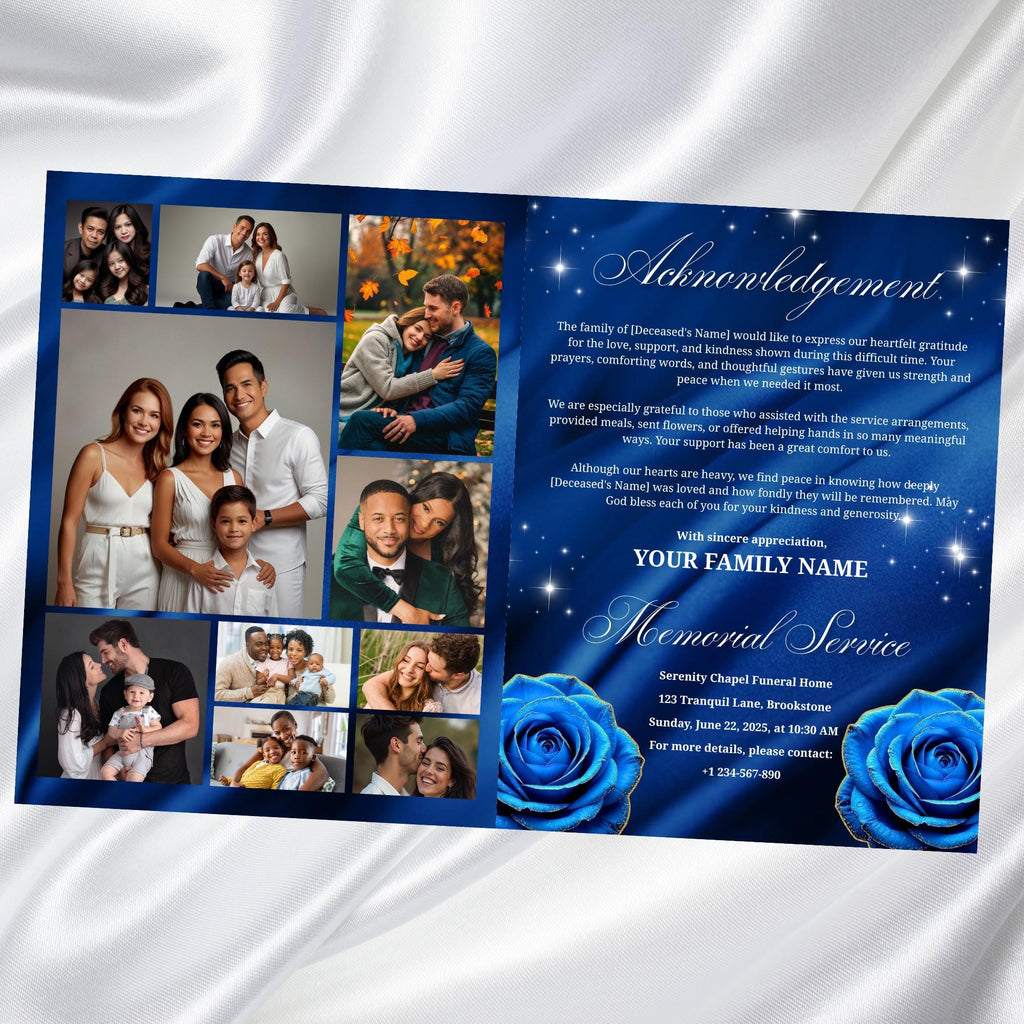 08 Blue Roses and Silver Funeral Program Template, Editable Bifold 8.5x11” Design, Obituary Celebration Of Life Program, Digital Download - Editable Memorial Canva Template