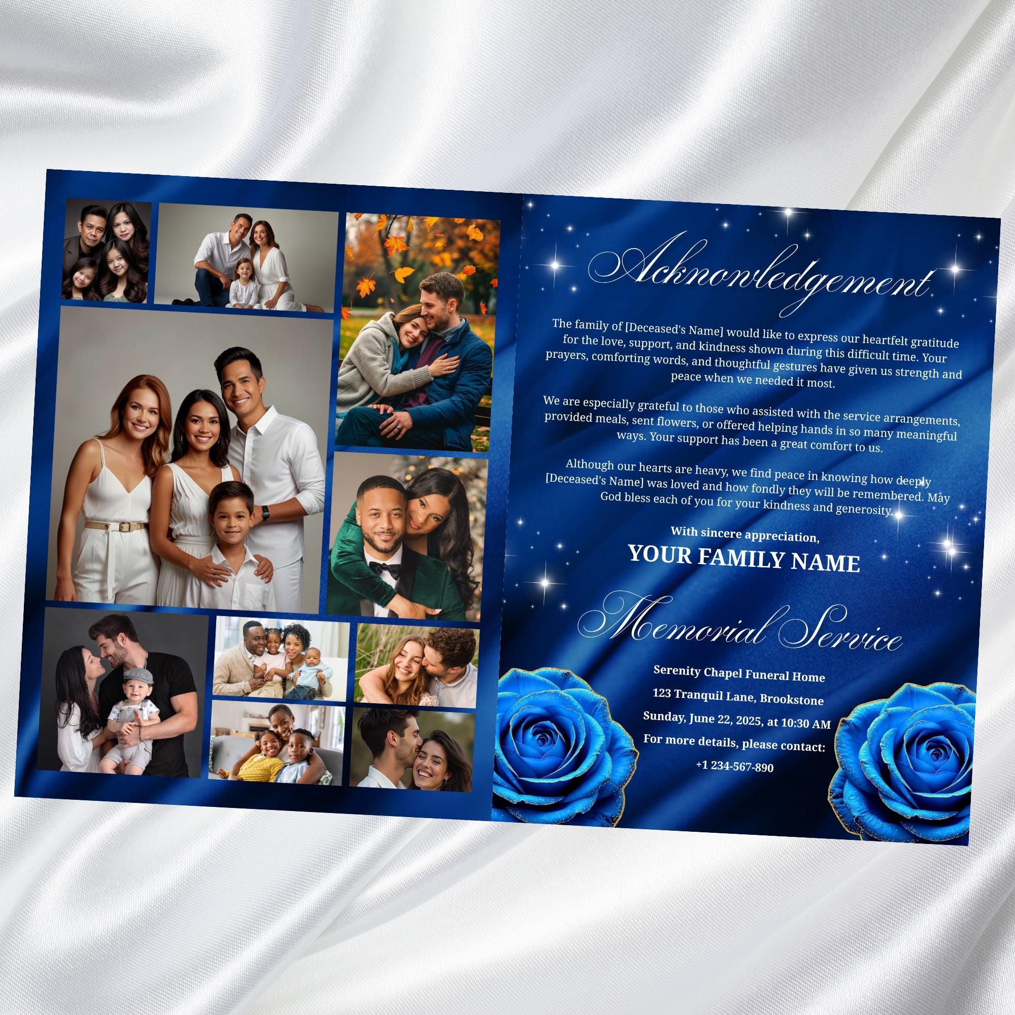 08 Blue Roses and Silver Funeral Program Template, Editable Bifold 8.5x11” Design, Obituary Celebration Of Life Program, Digital Download - Editable Memorial Canva Template