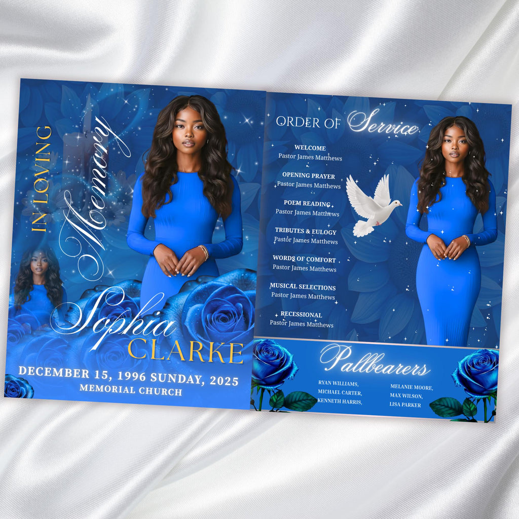 08 Pages Blue Roses Funeral Program Template, Editable Bifold 8.5x11” Design, Obituary Celebration Of Life Program, Digital Download - Editable Memorial Canva Template