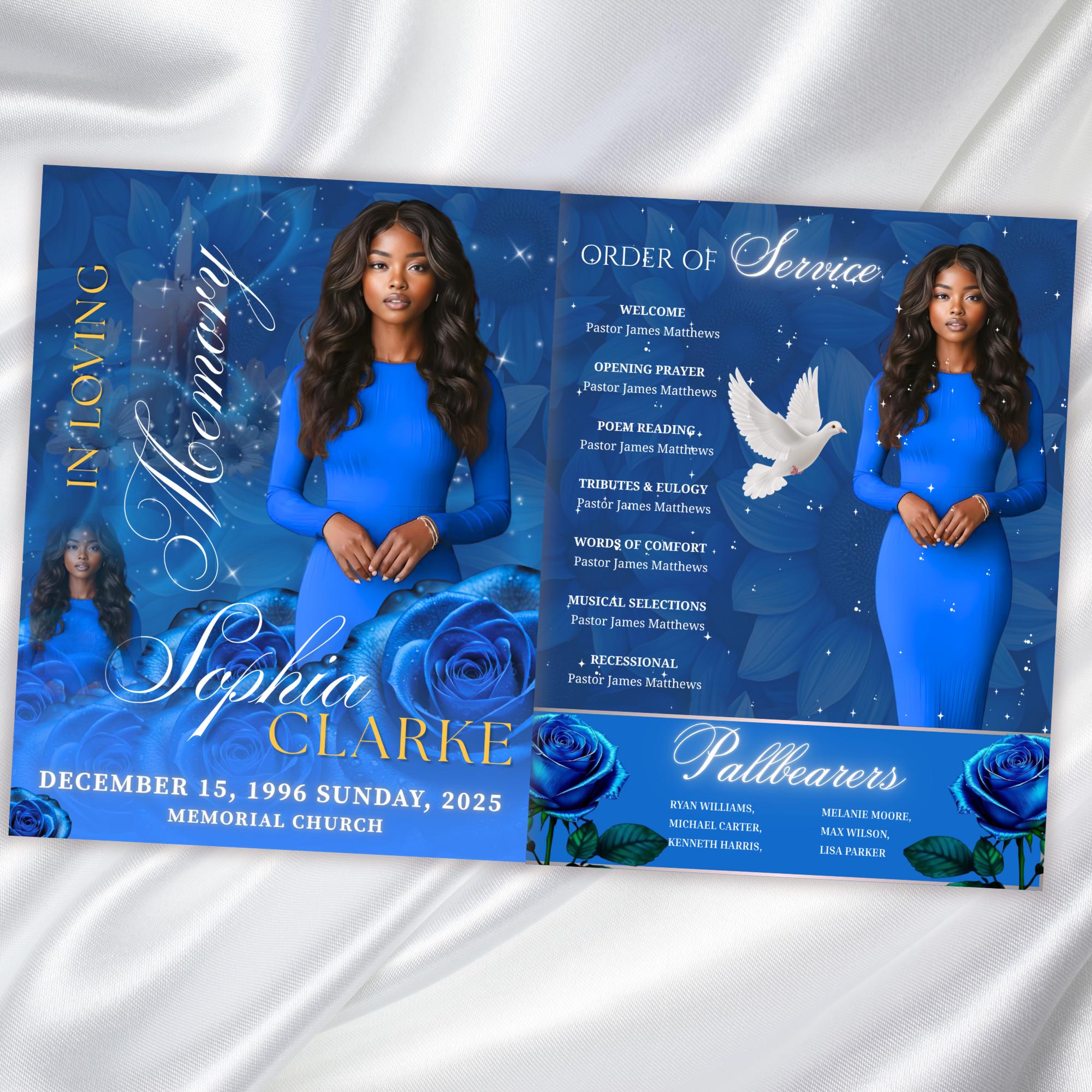 08 Pages Blue Roses Funeral Program Template, Editable Bifold 8.5x11” Design, Obituary Celebration Of Life Program, Digital Download - Editable Memorial Canva Template