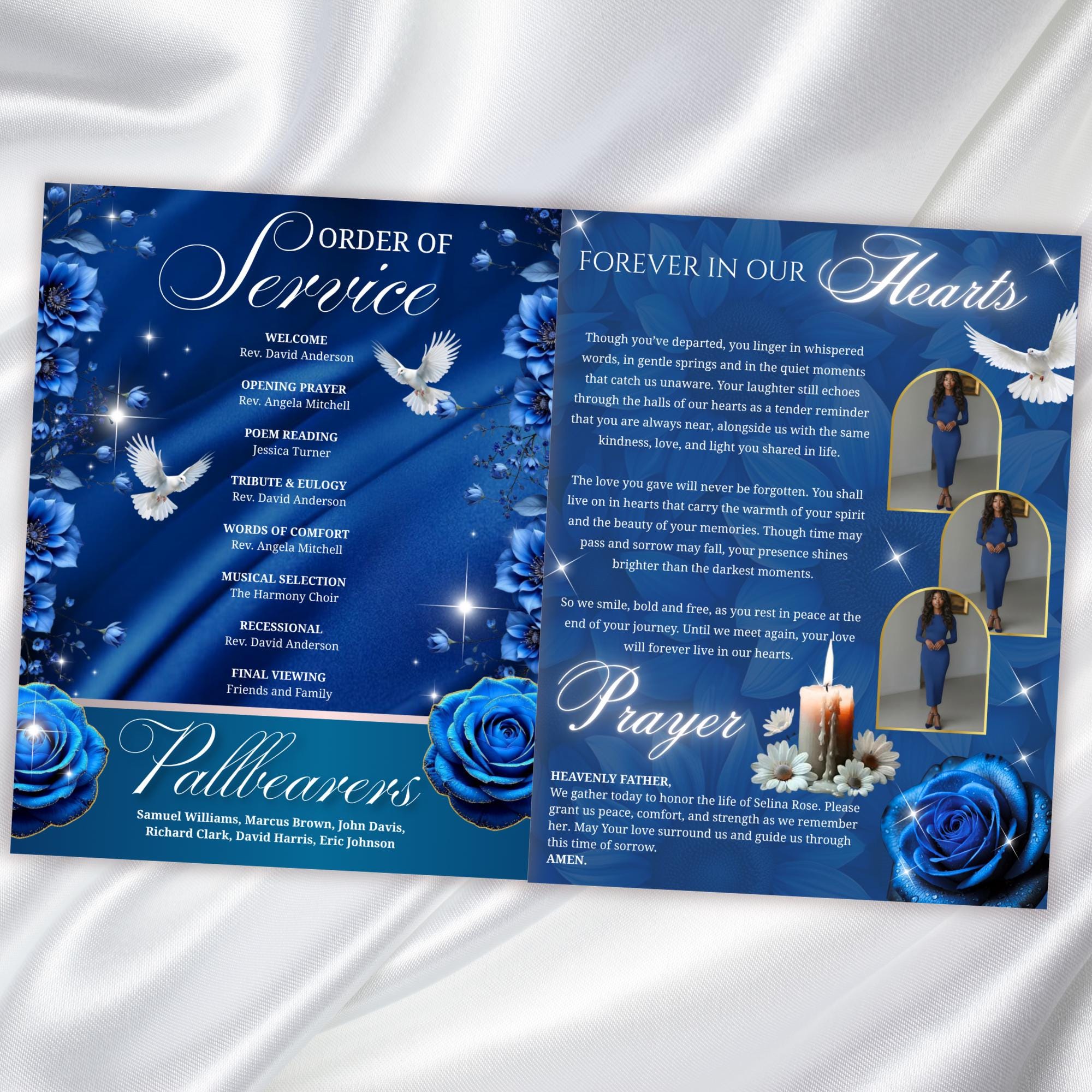 08 Pages Blue Roses Funeral Program Template, Editable Bifold 8.5x11” Design, Obituary Celebration Of Life Program, Digital Download - Editable Memorial Canva Template
