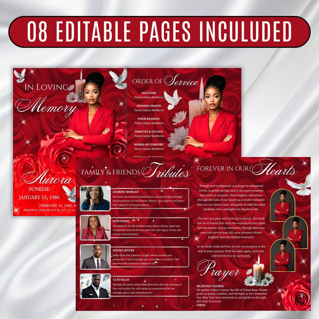 08 Pages Memorial Red Roses Funeral Program Template, Editable Bifold 8.5x11” Design, Obituary Celebration Of Life Program, Digital Download - Editable Memorial Canva Template